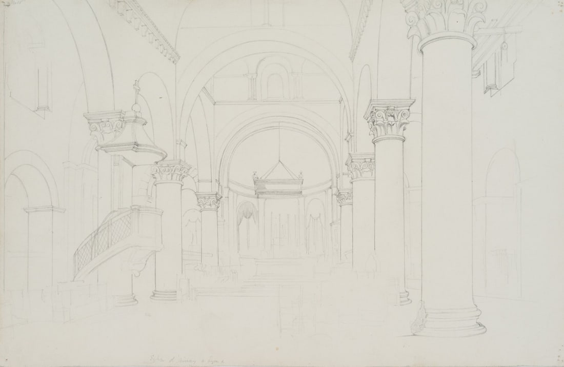 W. CLARKE (1806-1865), Saint-Martin d'Ainay in Lyon, around 1830, Pencil: William Barnard Clarke (1806 Cheshunt, Hertfordshire - 1865 Freiburg im Breisgau): Basilika Saint-Martin d'Ainay in Lyon, c. 1830, Pencil Technique: Pencil on Paper Inscription: Lower middle inscribed
