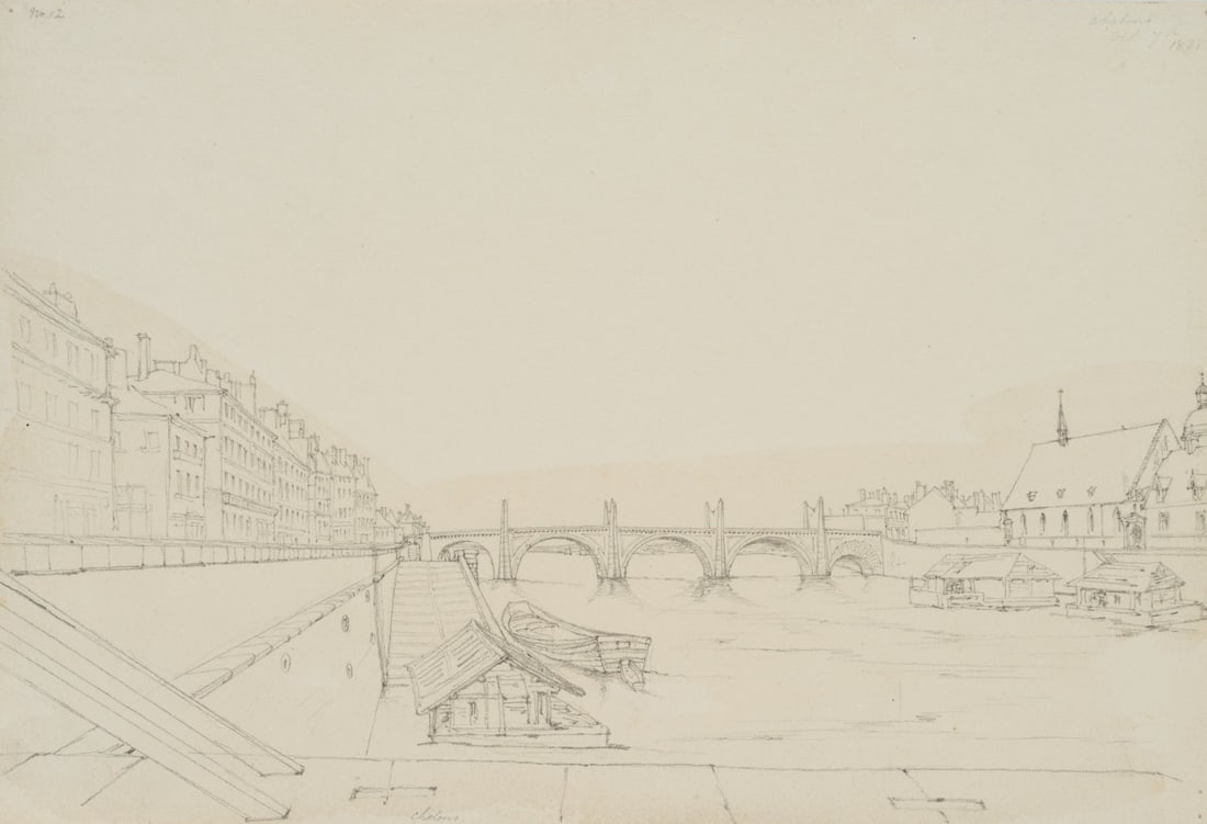 W. CLARKE (1806-1865), Bridge in Chalon-sur-Saône, 1838, Pencil: William Barnard Clarke (1806 Cheshunt, Hertfordshire - 1865 Freiburg im Breisgau): Pont Saint Laurent in Chalon-sur-Saône, 1838, Pencil Technique: Washed Pencil on Paper Inscription: At the lower par