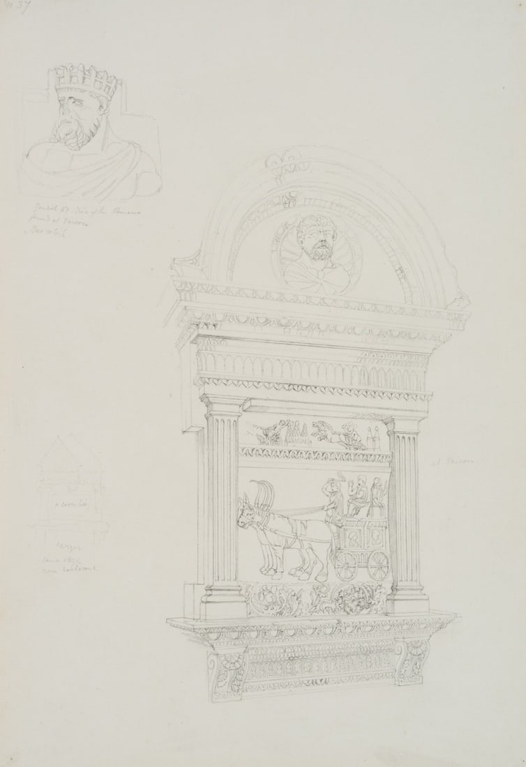 W. CLARKE (1806-1865), Reliefs in Vaison-la-Romaine, around 1830, Pencil: William Barnard Clarke (1806 Cheshunt, Hertfordshire - 1865 Freiburg im Breisgau): Sketches of Roman reliefs in Vaison-la-Romaine, c. 1830, Pencil Technique: Pencil on Paper Inscription: Upper left in