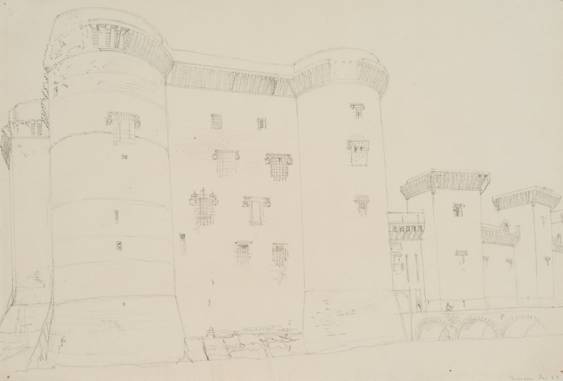 W. CLARKE (1806-1865), Tarascon Castle on the banks of the Rhône, 1838, Pencil: William Barnard Clarke (1806 Cheshunt, Hertfordshire - 1865 Freiburg im Breisgau): Burg Tarascon am Rhône-Ufer (Bouches-du-Rhône), 1838, Pencil Technique: Pencil on Paper Inscription: Lower right da