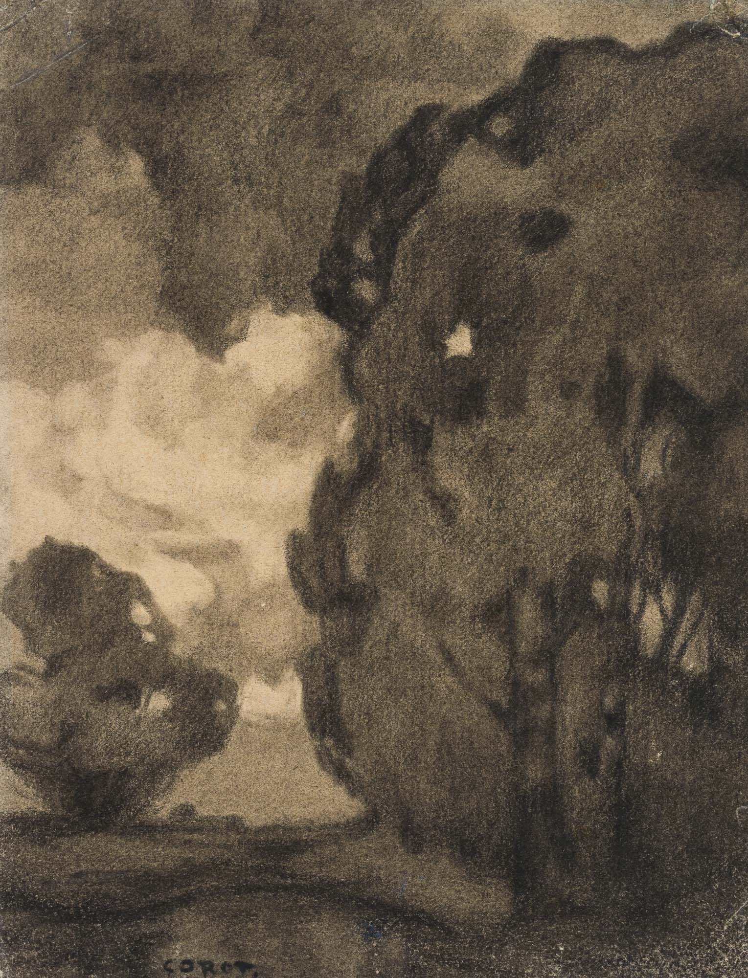 J. STAUDER KAMIOWSKI (19th) after COROT (*1796), Landscape study with thick clouds, 1875, Charcoal (1 of 5)
