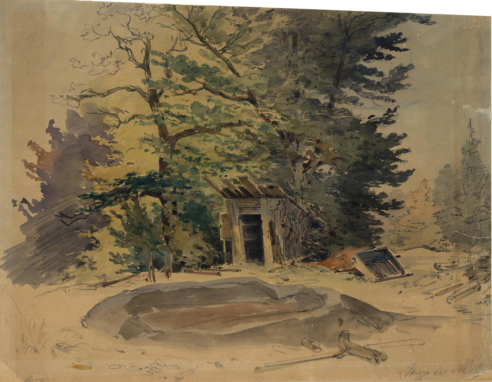 A. DOLL (1826-1887), An old wooden hut in the woods, around 1860, Watercolor: Anton Doll (1826 Munich - 1887 ibid.): Old wooden hut in the forest With branches and leaves spreading over the slats, c. 1860, Watercolor Technique: Watercolor on Paper Stamp: Verso Collector's stamp