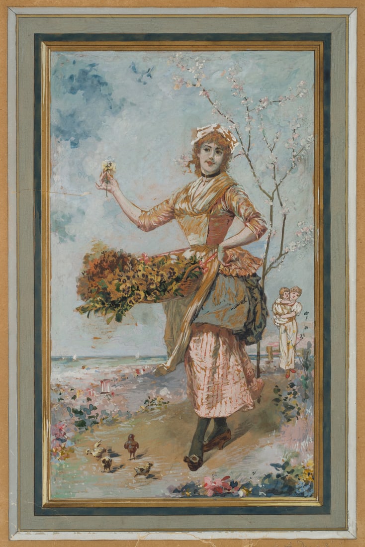 E. DONADINI (1847-1936), Woman with flowers, Gouache: Ermenegildo Antonio Donadini (1847 Split - 1936 Radebeul): Woman with flowers, 19th century, Gouache Technique: Gouache on Cardboard Inscription: At the lower part inscribed: "Original E. A. Donadini"