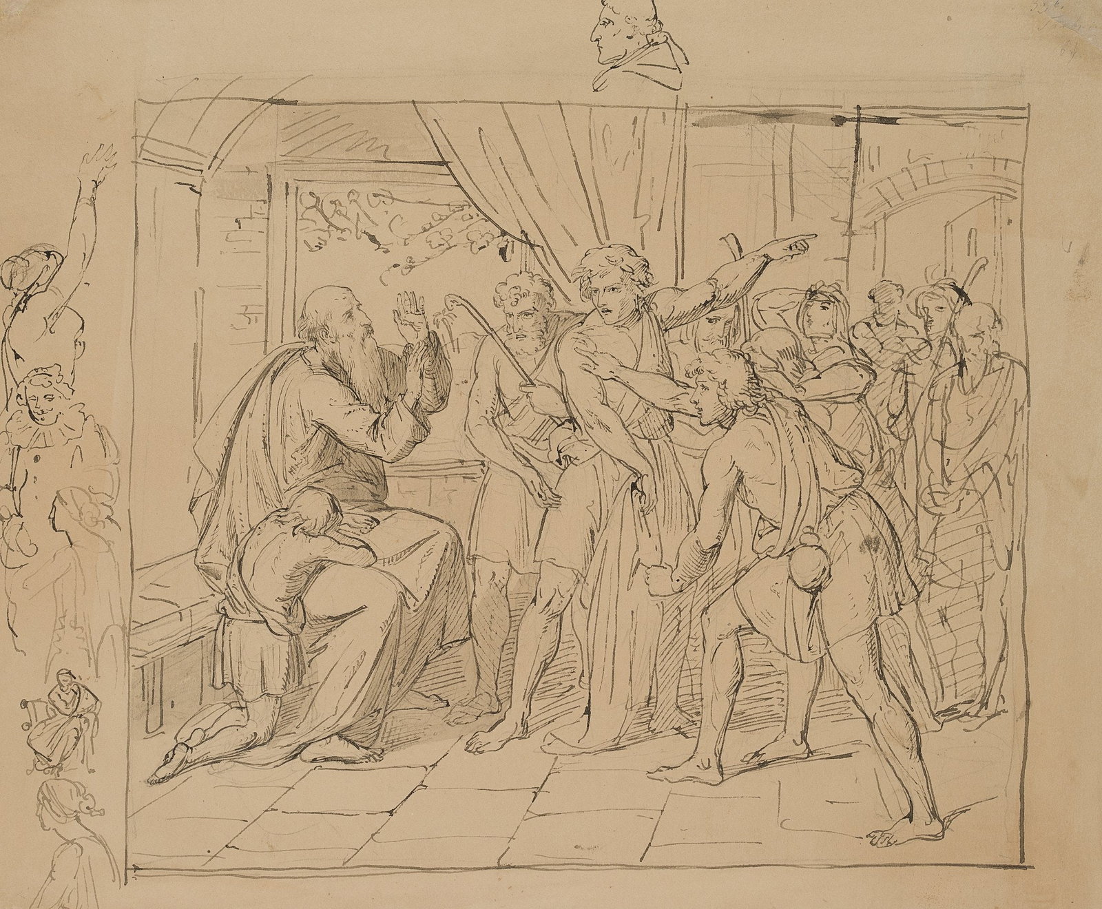O. DONNER VON RICHTER (*1828), A scene from the Old Testament, Pen drawing: Otto Donner von Richter (1828 Frankfurt on the Main - 1911 ibid.): A scene from the Old Testament, 19th century, Pen drawing Technique: Pen drawing on Paper Date: 19th century Source: Bibel (Altes Tes