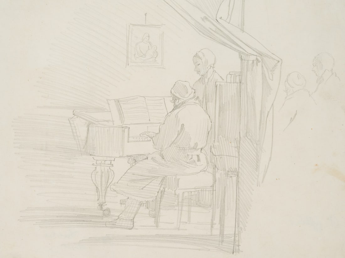 A. ECHTLER (*1843), Composer Karl Drobisch at the piano, Pencil: Adolf Echtler (born 1843 ): The composer Karl Ludwig Drobisch in his dressing gown at the piano (Augsburg), 19th century, Pencil Technique: Pencil on Paper Inscription: Signed "A. Echtler" and inscrib