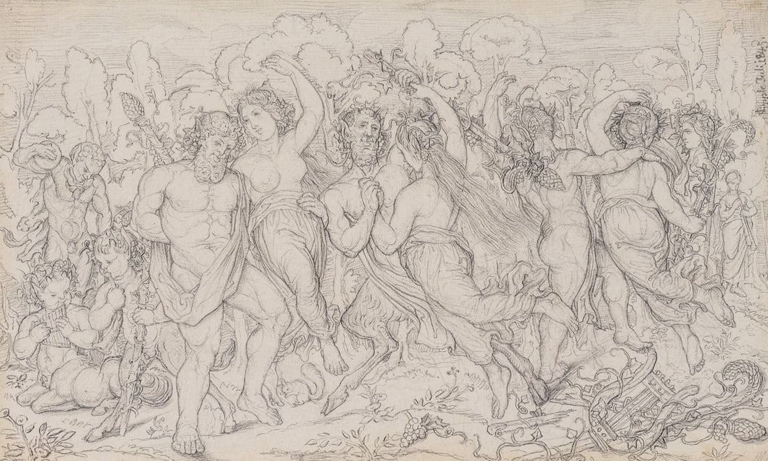 L. EPPLE (*1829), Procession of Bacchus with dancing Bacchantes, 1845, Pencil (1 of 8)