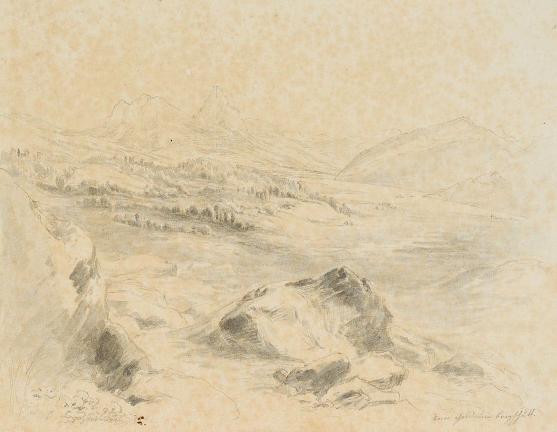 J. FISCHBACH (*1797), Alpine panorama, landscape, Pencil: Johann Fischbach (1797 Grafenegg (Lower Austria) - 1871 Munich): Alpine panorama, landscape, 19th century, Pencil Technique: Pencil and Indian ink on Paper Stamp: Collector's stamp, Georg und Dr. F. W