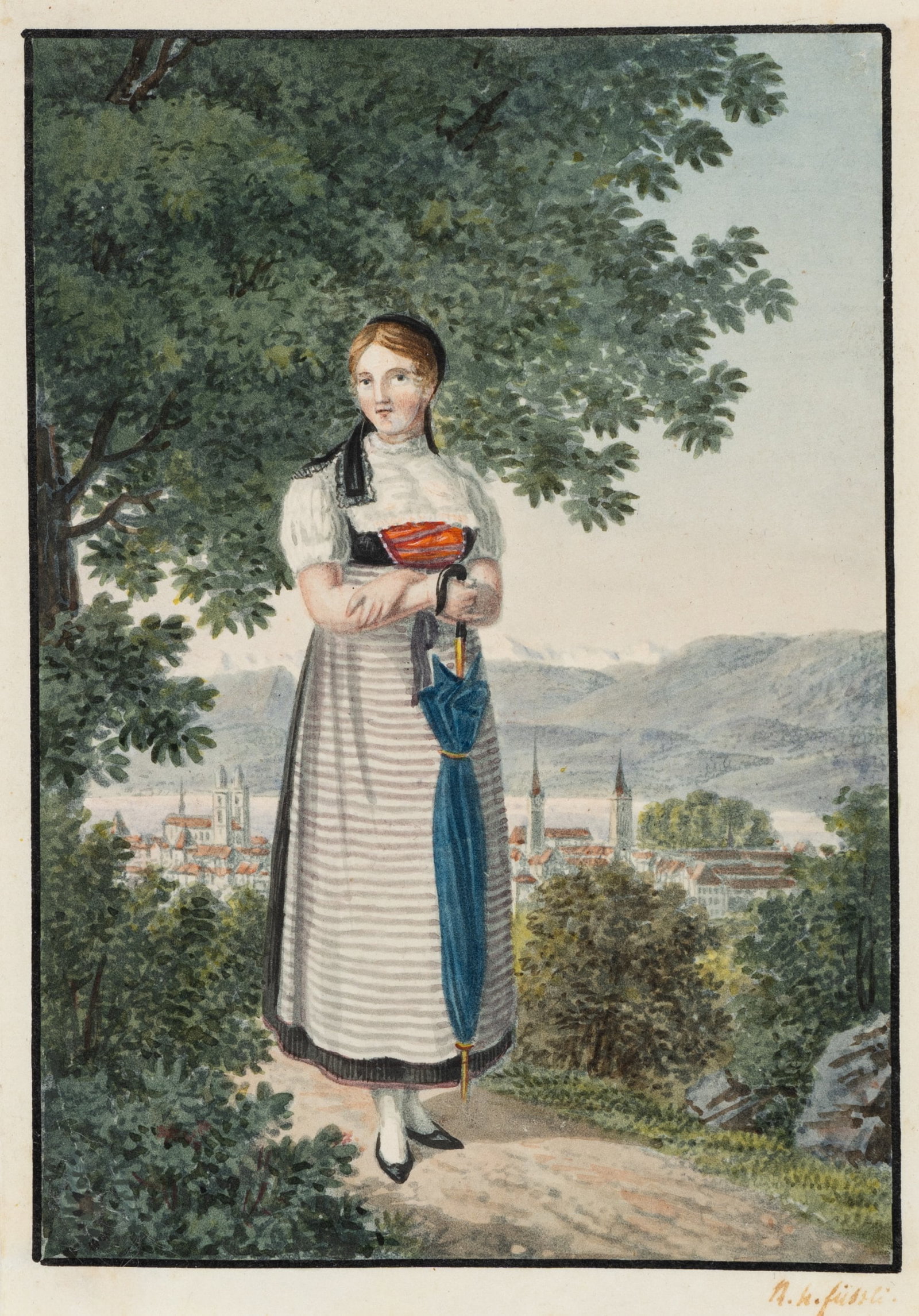 R. FÜSSLI (1791-1828), Woman with an umbrella against a landscape, around 1820, Watercolor (1 of 5)