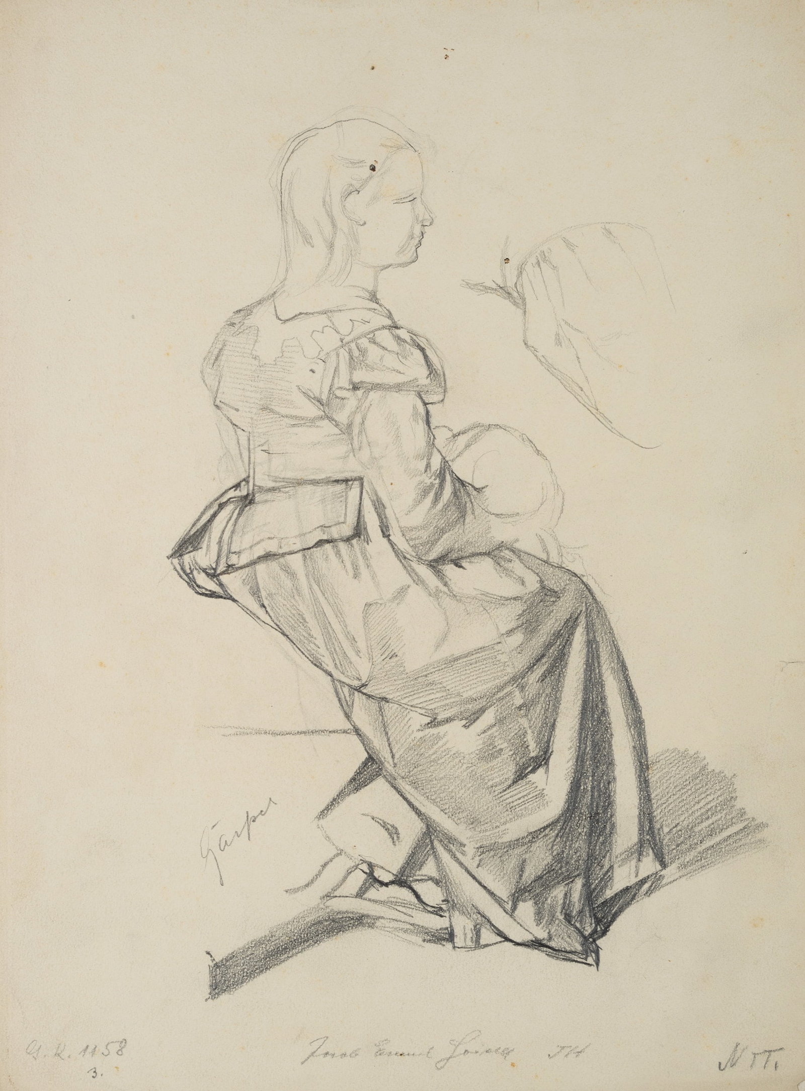 J. GAISSER (1825-1899), Seated Girl, Pencil: Jakob Emanuel Gaisser (1825 Augsburg - 1899 Munich): Portrait sketch of a girl sitting with her back to the viewer, full-length, 19th century, Pencil Technique: Pencil on Paper Inscription: Lower midd