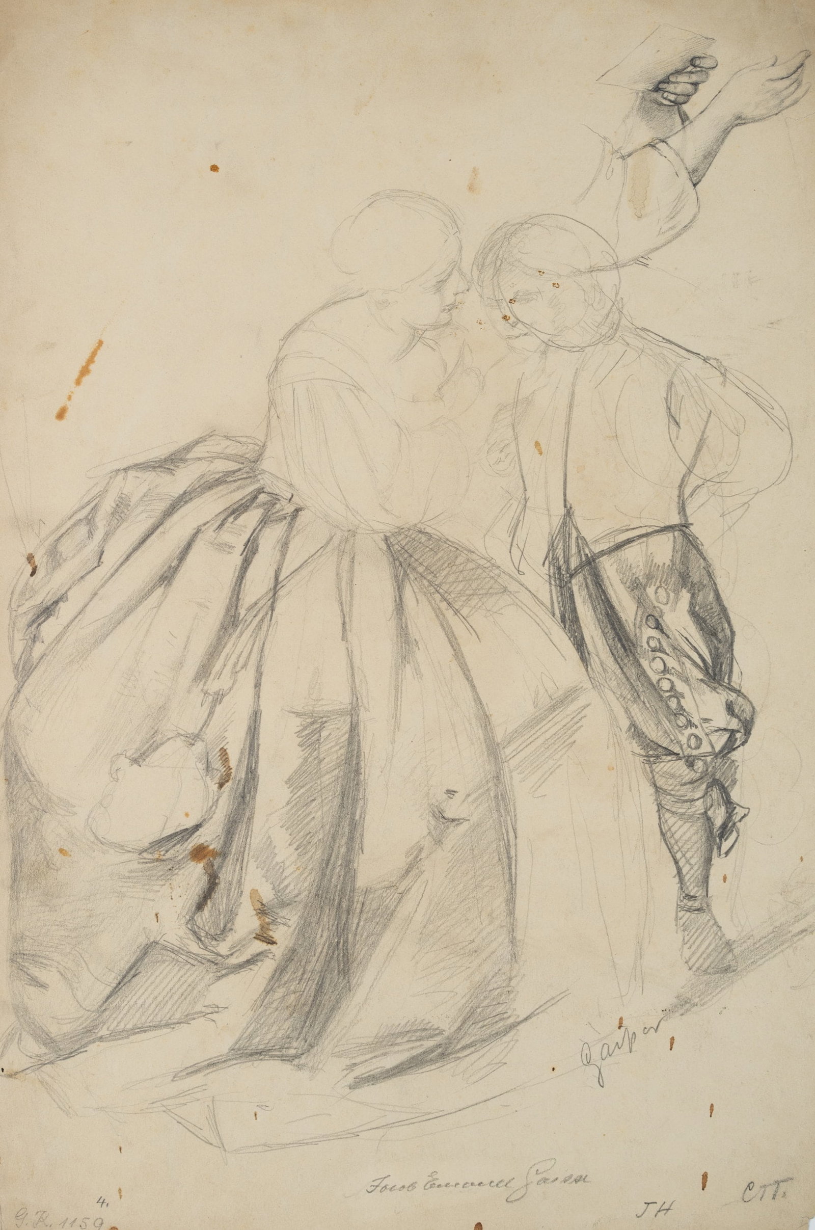 J. GAISSER (1825-1899), Mother and son, Pencil: Jakob Emanuel Gaisser (1825 Augsburg - 1899 Munich): Figure sketch with mother turning to her son, next to it another hand study, 19th century, Pencil Technique: Pencil on Paper Inscription: Lower mid
