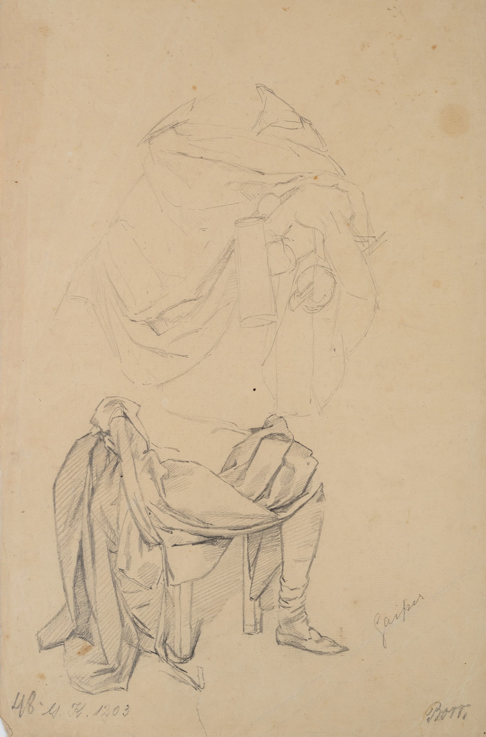 J. GAISSER (1825-1899), Leg and drapery, Pencil: Jakob Emanuel Gaisser (1825 Augsburg - 1899 Munich): Lower body part of a figure study with focus on leg and drapery, seated, 19th century, Pencil Technique: Pencil on Paper (brown) Inscription: Middl