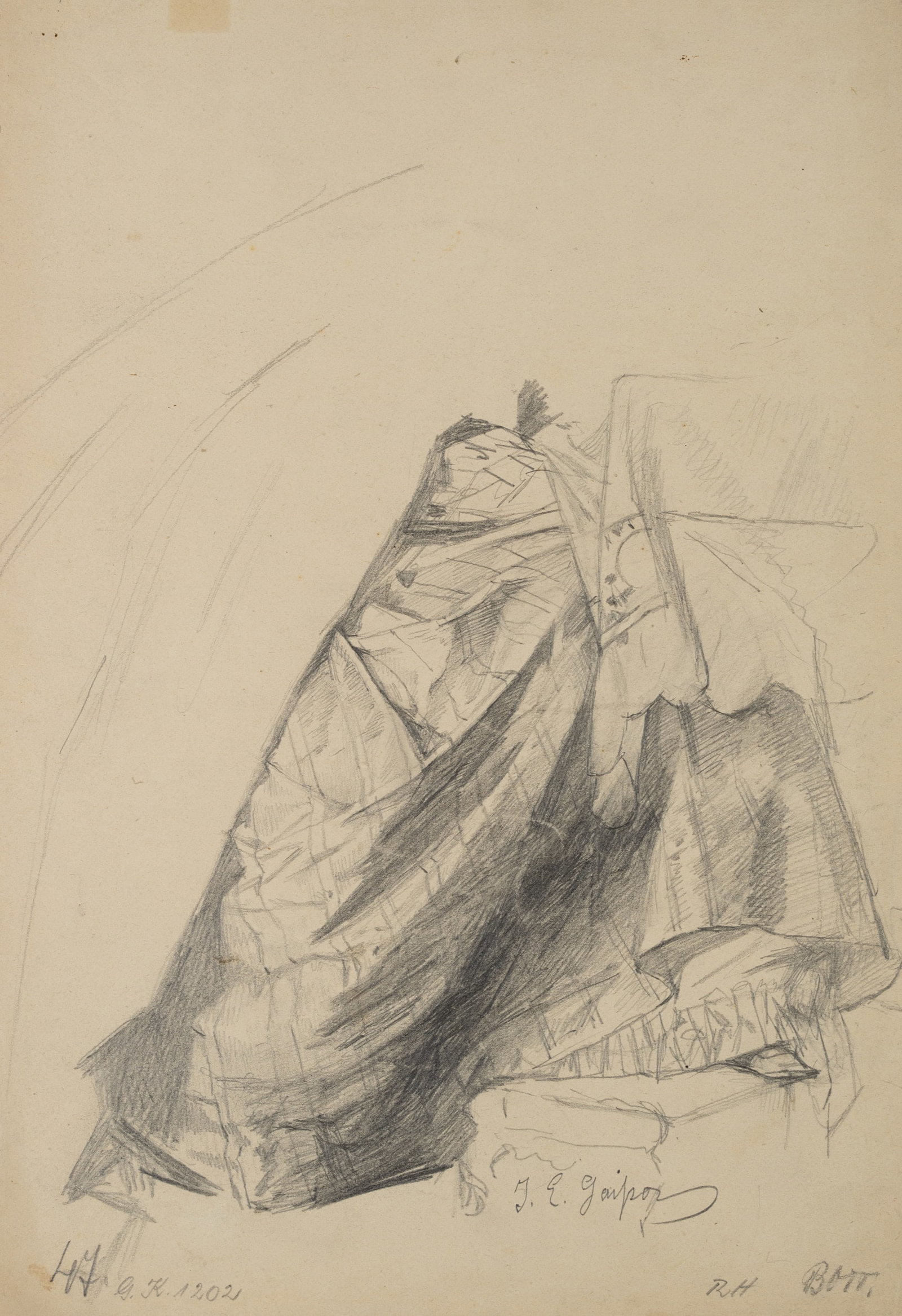 J. GAISSER (1825-1899), Costume study. Drapery, Pencil: Jakob Emanuel Gaisser (1825 Augsburg - 1899 Munich): Garment study Drapery Fabric, 19th century, Pencil Technique: Pencil on Paper Inscription: Lower middle signed: "J. E. Gaisser". Lower right inscri