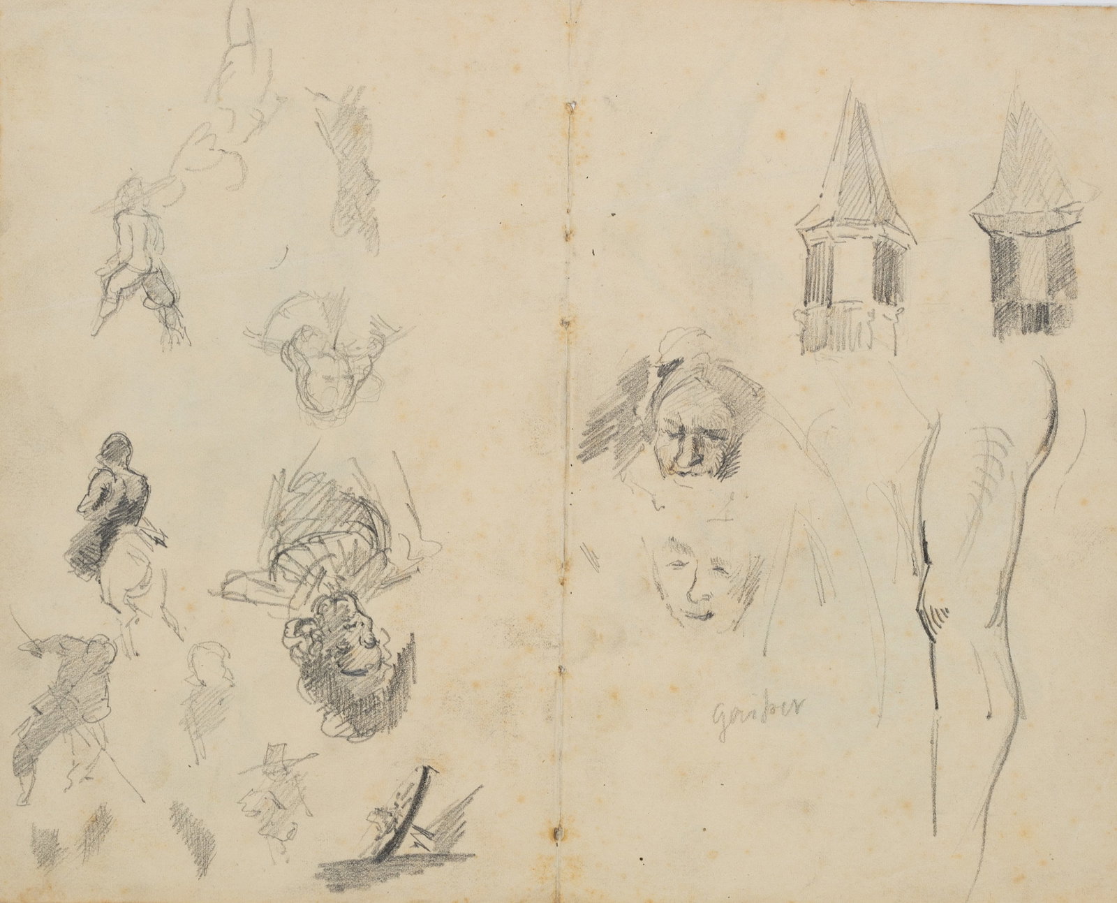 J. GAISSER (1825-1899), Figure sketches and architecture, Pencil: Jakob Emanuel Gaisser (1825 Augsburg - 1899 Munich): Various figure sketches and architectural elements, 19th century, Pencil Technique: Pencil on Paper Inscription: At the center signed: "Gaisser". l