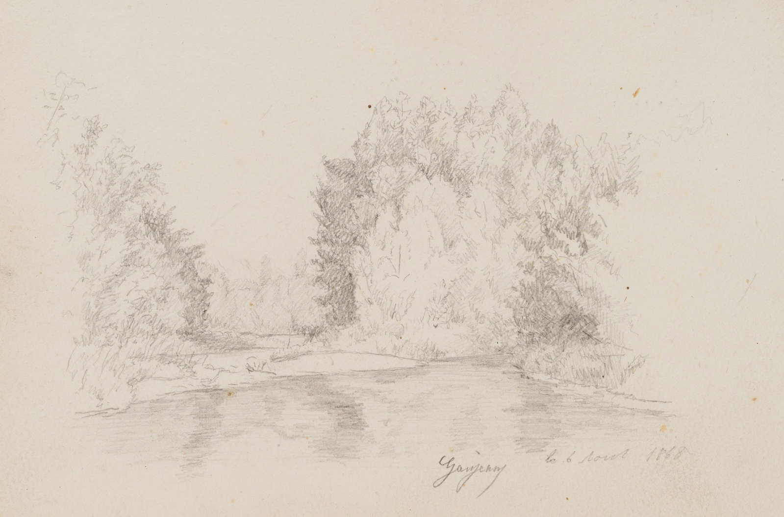 GANJEAN (19th), Riverbank with clumps of trees, 1868, Pencil (1 of 5)