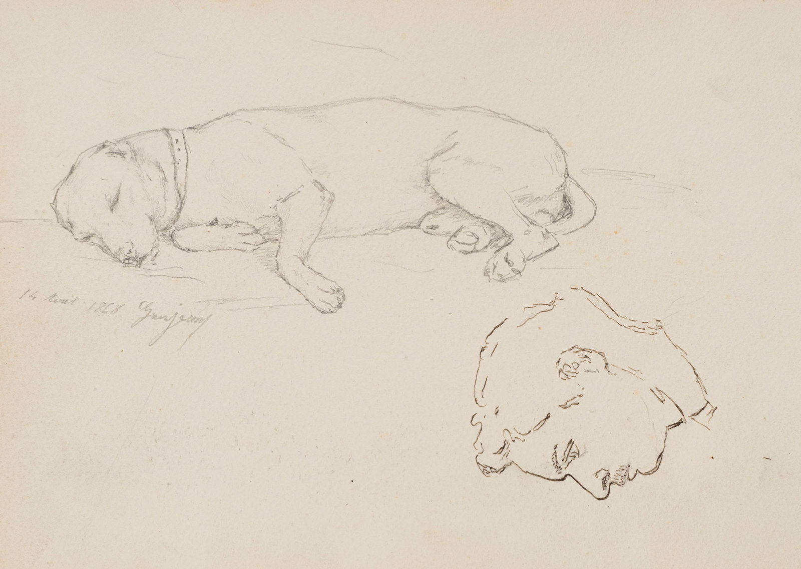 GANJEAN (19th), Sleeping dog with a study of the head, 1868, Pencil (1 of 5)
