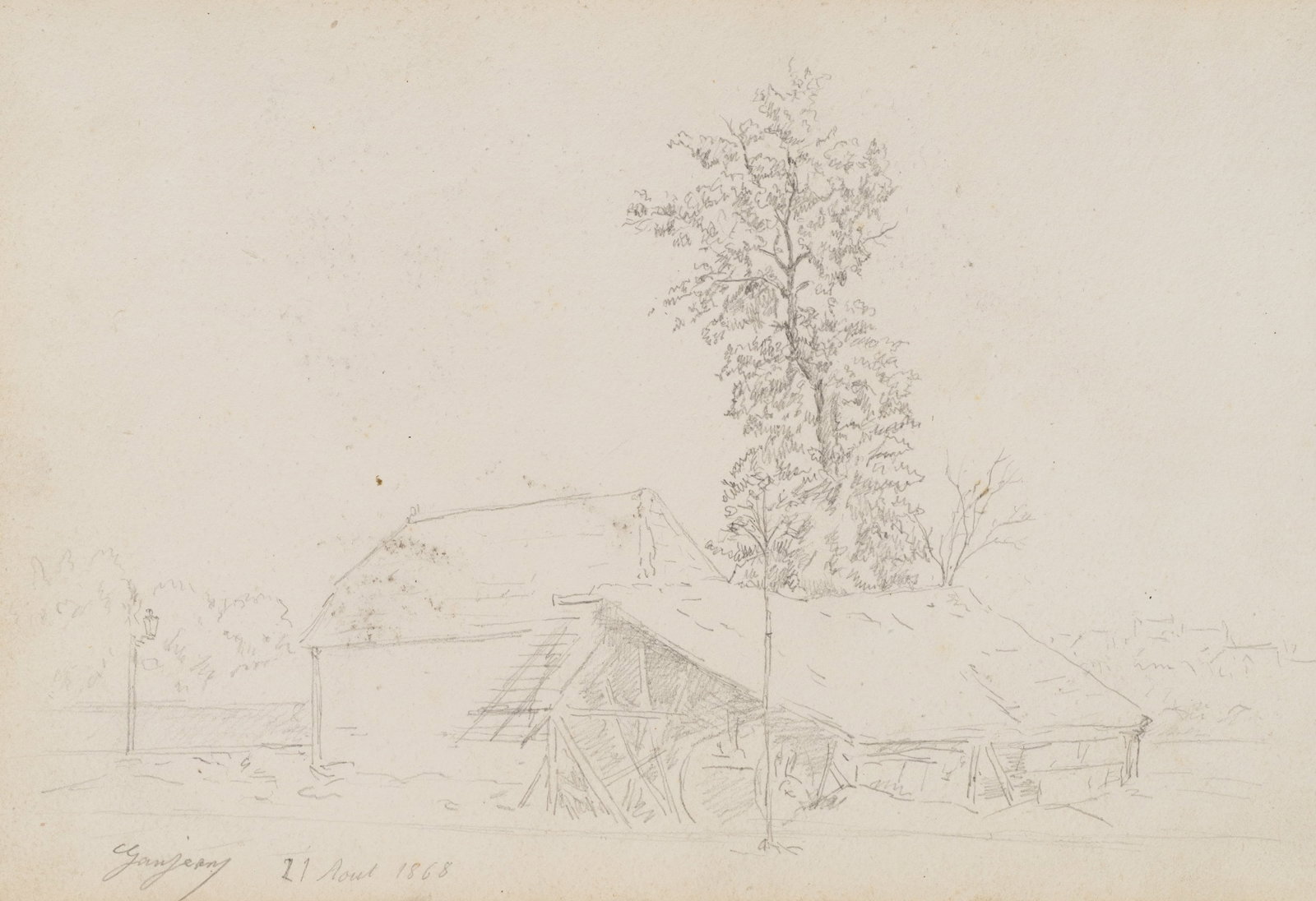 GANJEAN (19th), Rural farmstead with a tall tree, 1868, Pencil: Ganjean (19th century): Rural farmstead with a tall tree View of a rural ensemble of buildings with a towering tree, dated 27 Aout 1868, 1868, Pencil Technique: Pencil on Paper Inscription: lower left