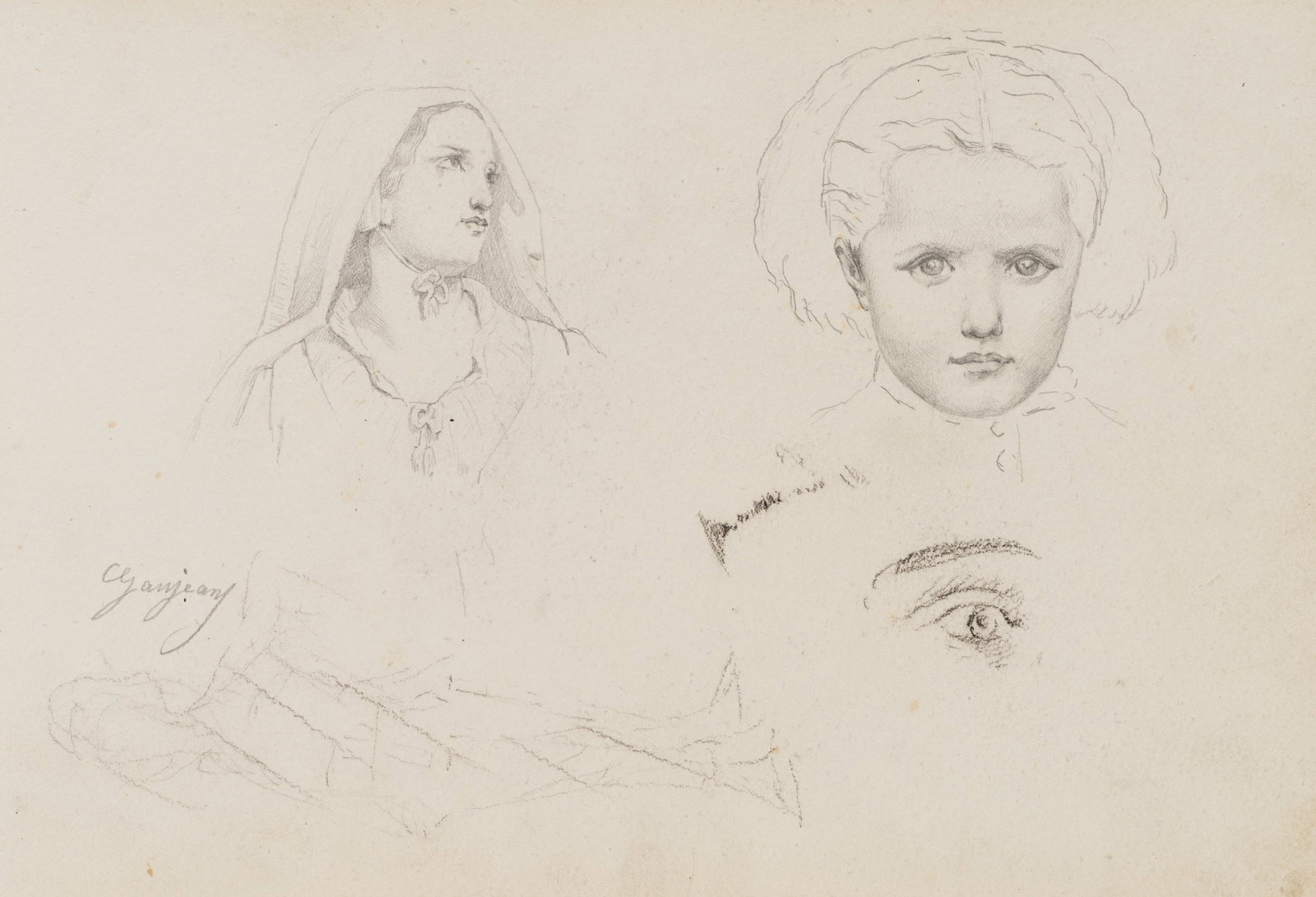 GANJEAN (19th), Figure and head studies, around 1868, Pencil (1 of 5)
