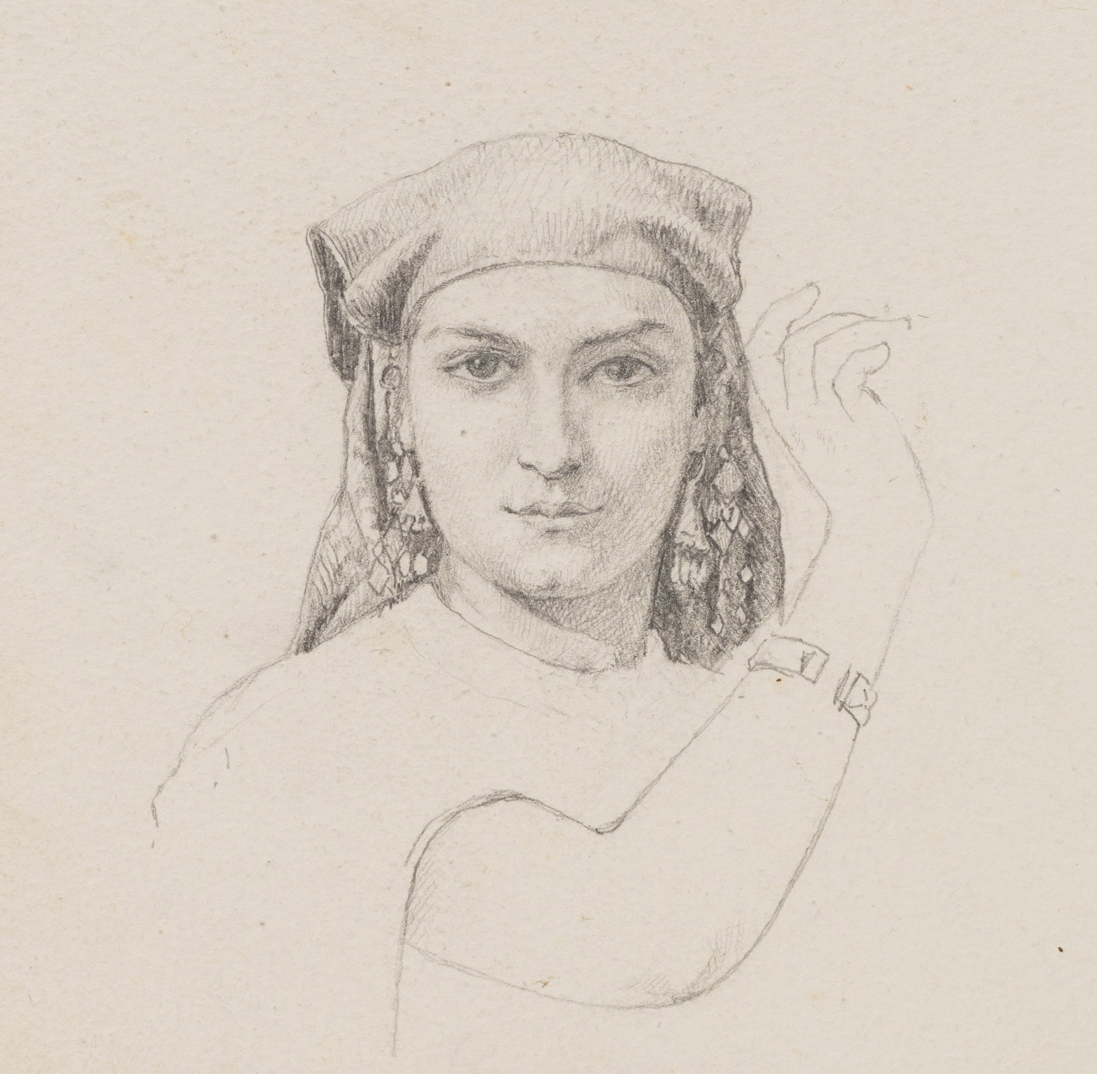 GANJEAN (19th), Oriental beauty, around 1868, Pencil: Ganjean (19th century): Oriental beauty Unfinished portrait study of a young woman with headscarf and raised arm, c. 1868, Pencil Technique: Pencil on Paper Inscription: Verso signed: "Ganjean". Date: