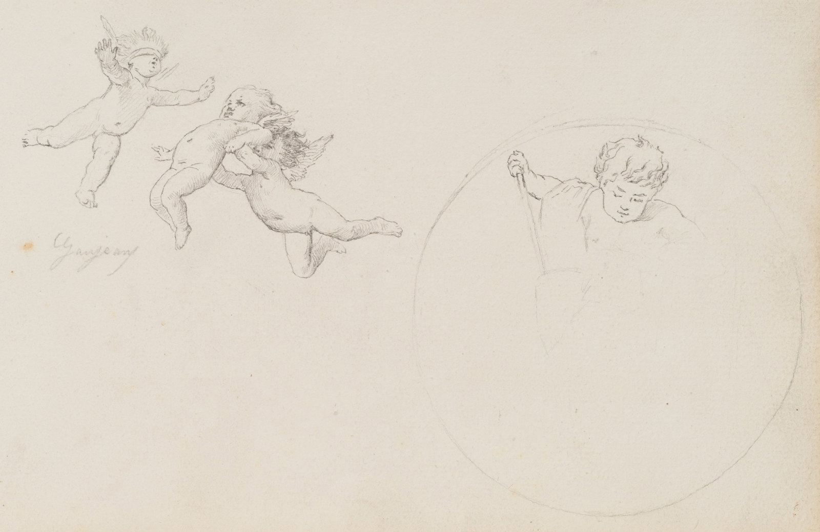 GANJEAN (19th), Chubby cherubs playing happily, around 1868, Pencil: Ganjean (19th century): Putti playing happily Sketch sheet with three floating putti and a childlike figure in the round, c. 1868, Pencil Technique: Pencil on Paper Inscription: Middle left signed: "G
