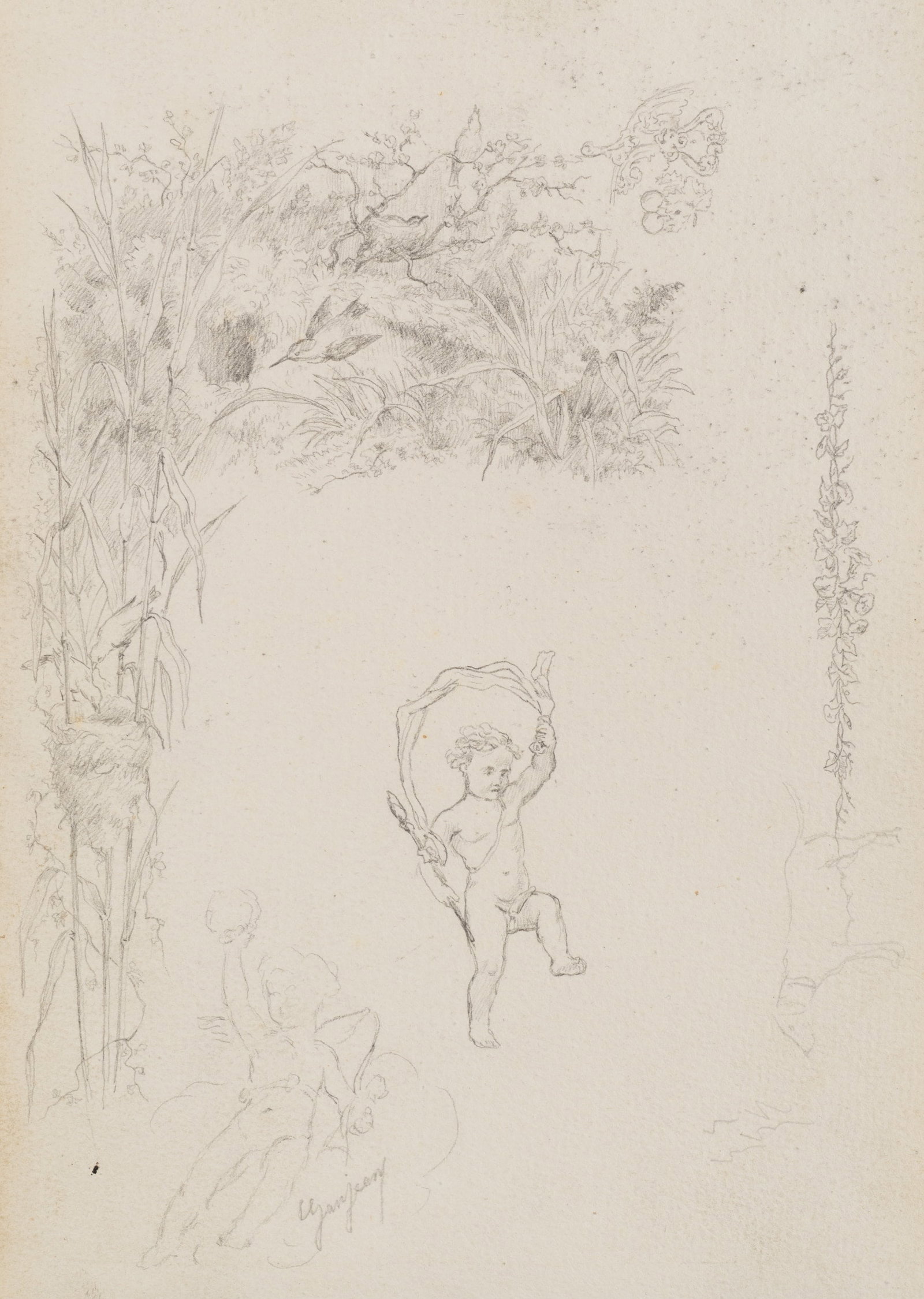 GANJEAN (19th), Study sketch featuring a putto and plants, around 1868, Pencil: Ganjean (19th century): Study sheet with putto and plants Study sheet with putto, bird and various vegetation sketches, c. 1868, Pencil Technique: Pencil on Paper Inscription: lower left signed: "Ganj