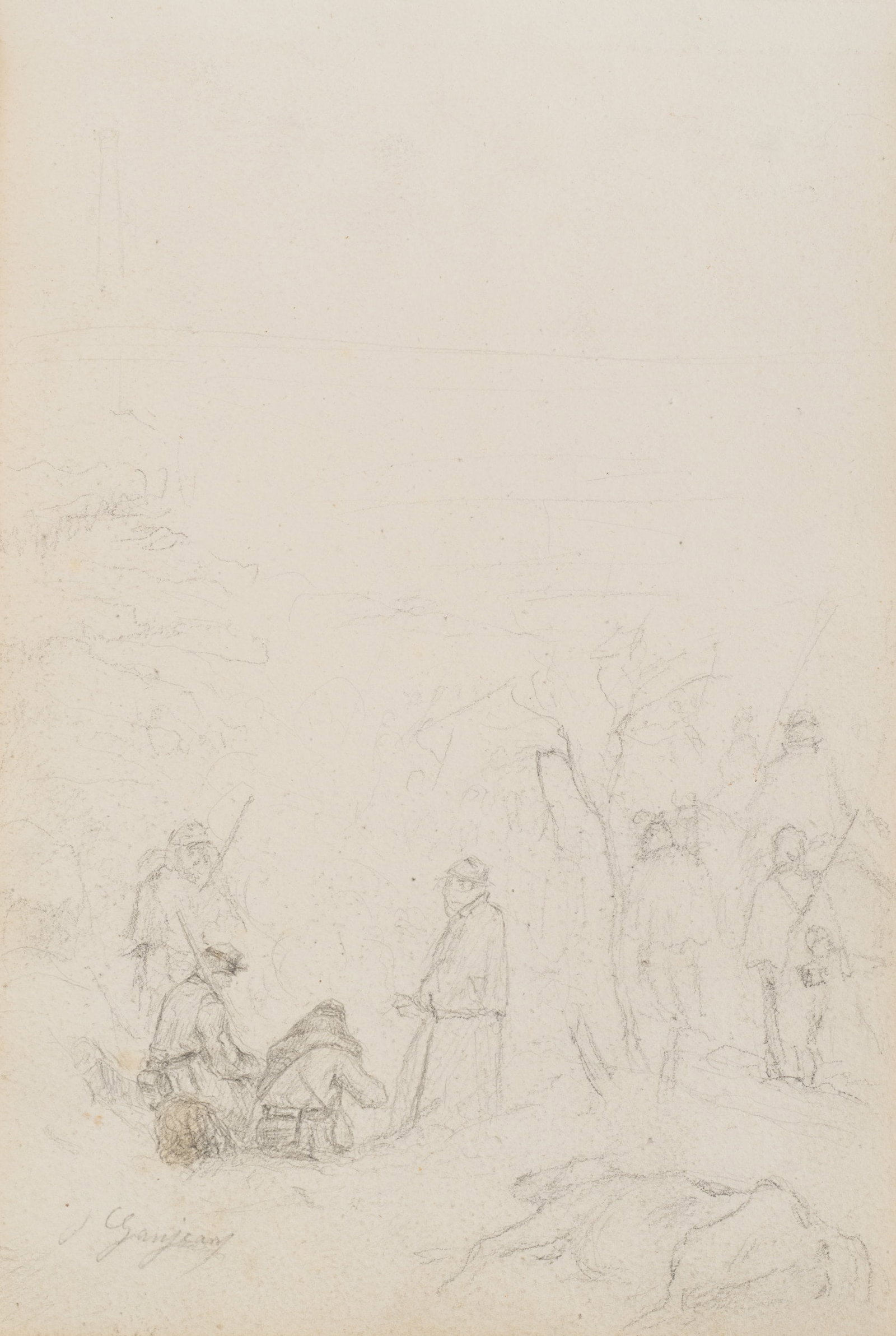 GANJEAN (19th), Group of figures or hunting scene, around 1868, Pencil (1 of 5)