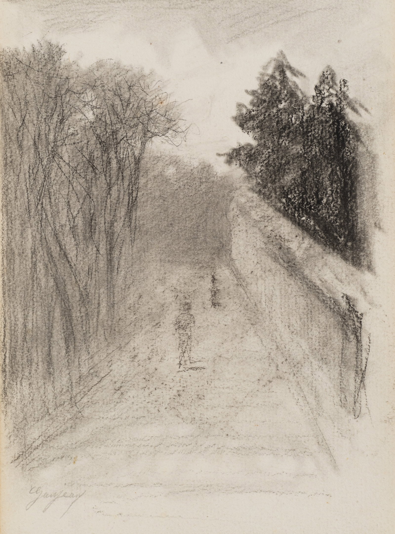 GANJEAN (19th), Path winding through the trees, around 1868, Charcoal (1 of 5)