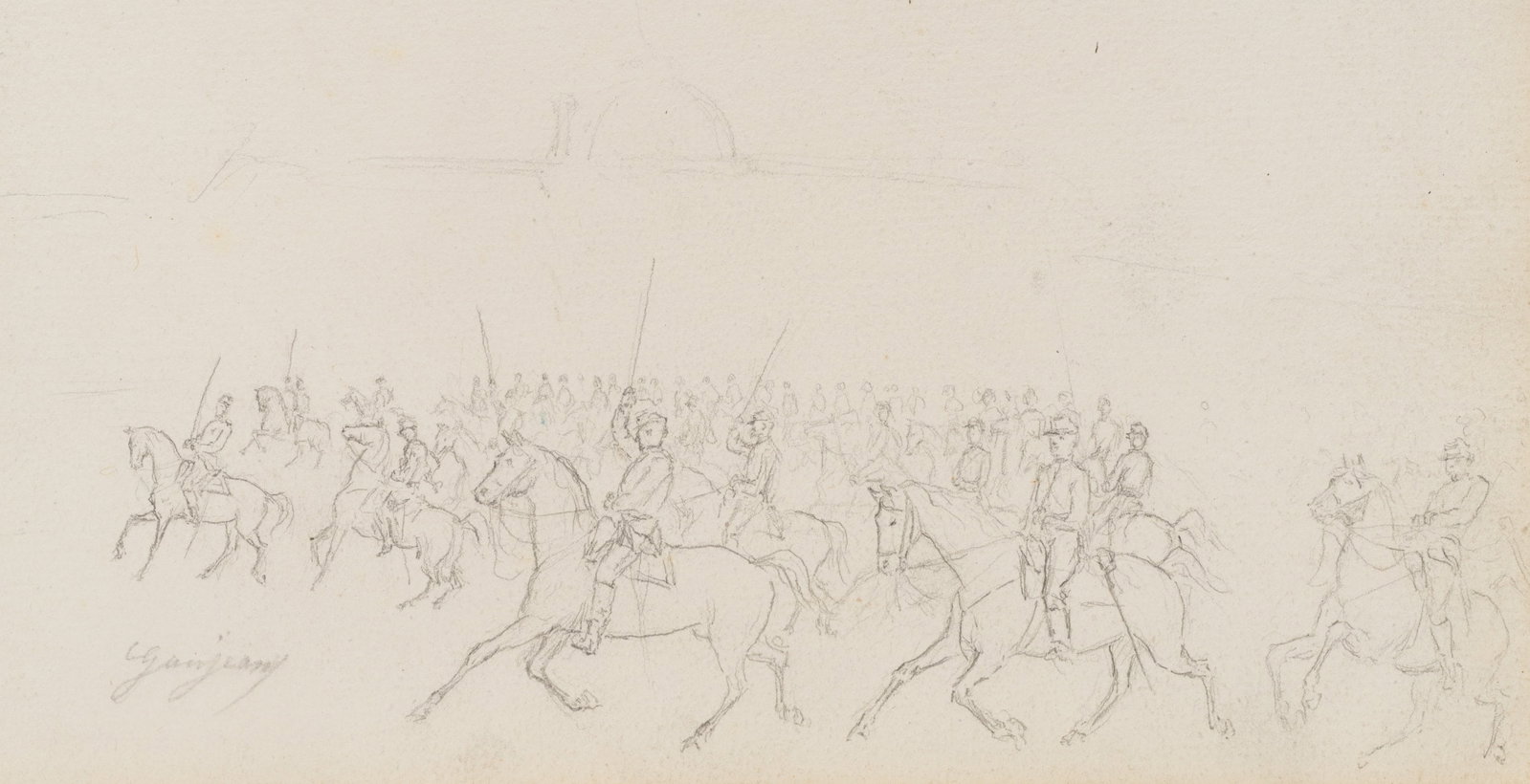 GANJEAN (19th), Light Cavalry, Chasseurs, around 1868, Pencil: Ganjean (19th century): Light Cavalry, Chasseurs Pale sketch of a cavalcade in front of a crowd and monumental architecture, c. 1868, Pencil Technique: Pencil on Paper Inscription: lower left signed: 