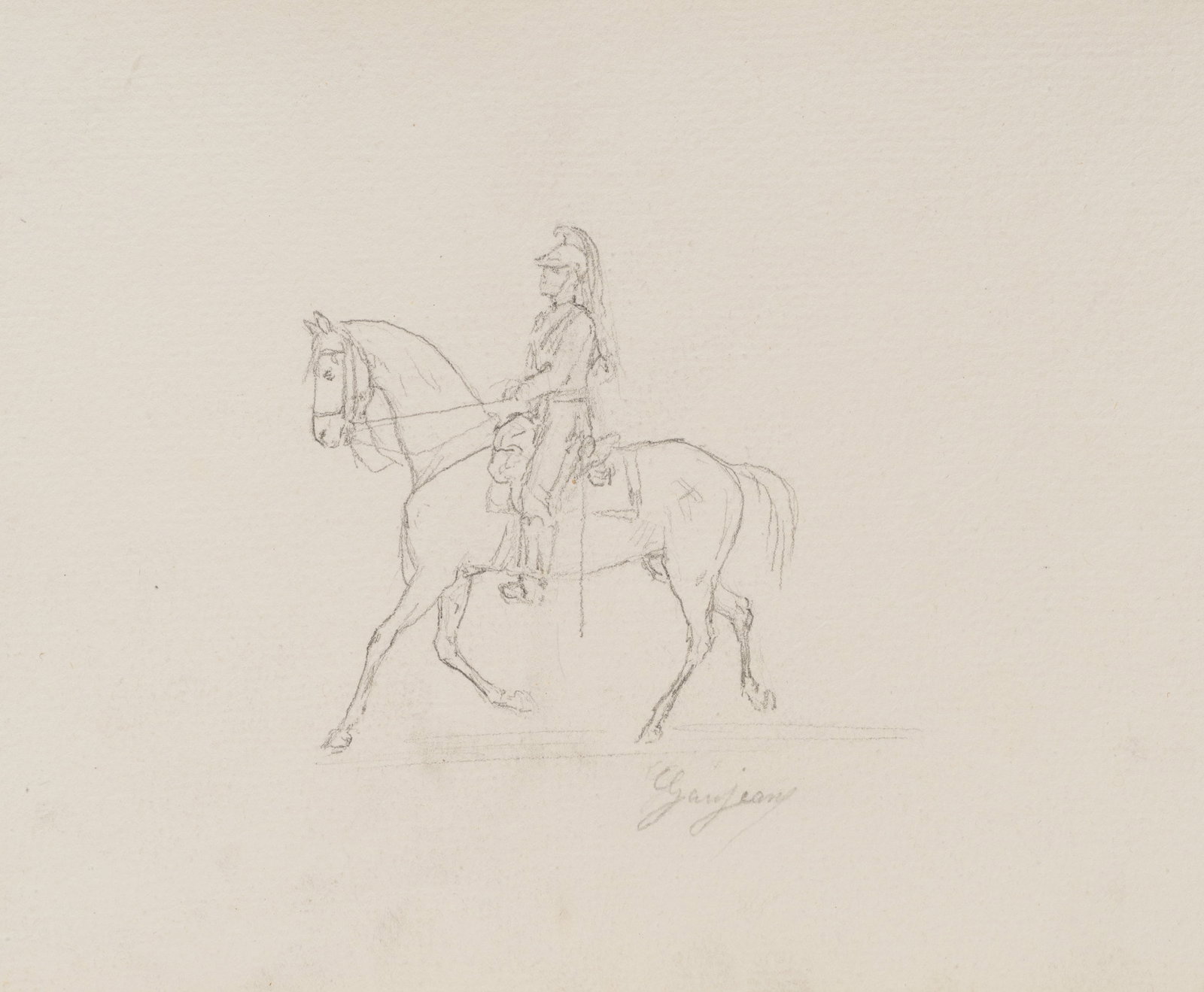 GANJEAN (19th), Cavalry officer, around 1868, Pencil: Ganjean (19th century): Cavalry officer Sketchy depiction of a rider on a horse trotting to the left, c. 1868, Pencil Technique: Pencil on Paper Inscription: Lower right signed: "Ganjean". Date: c. 18