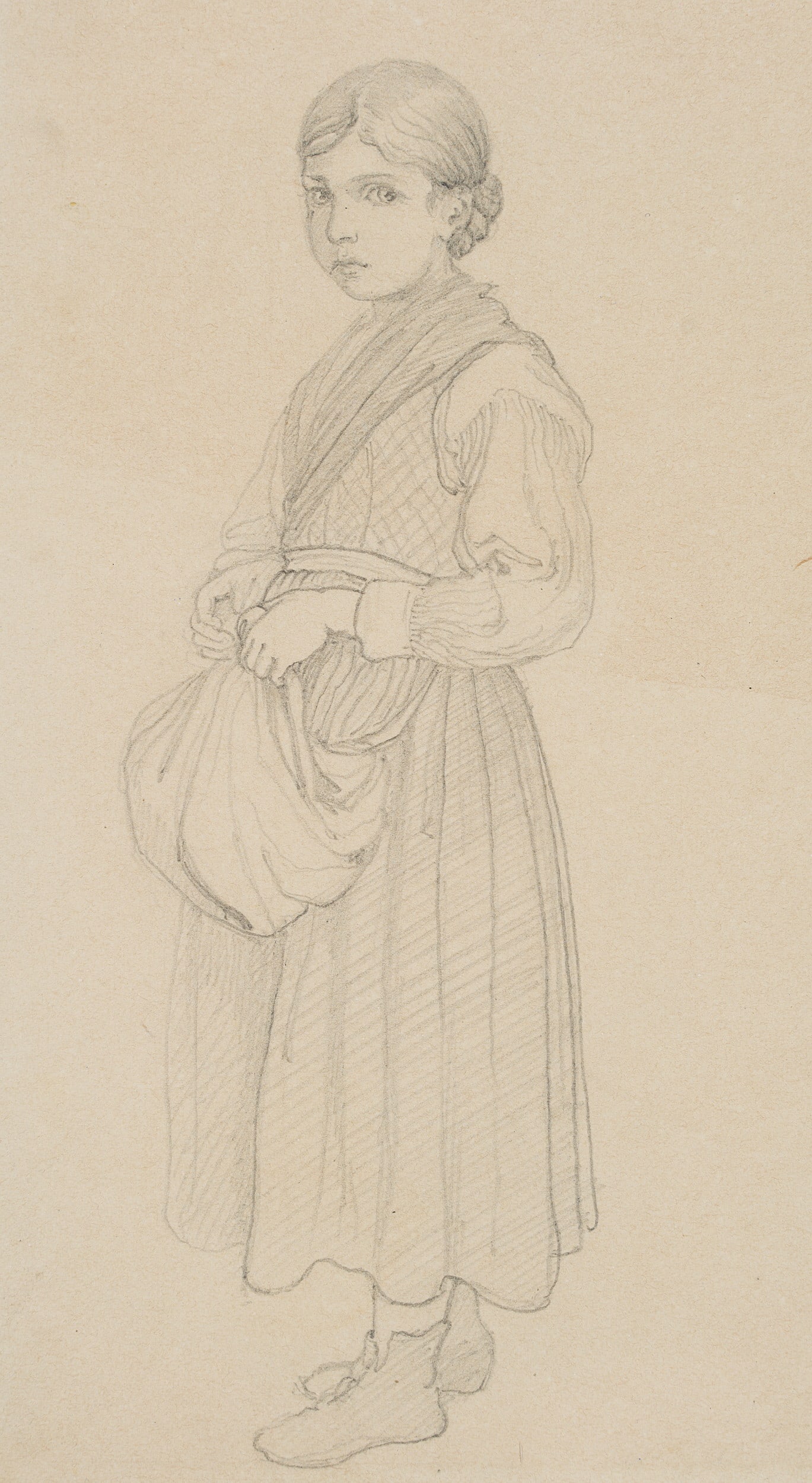H. GÄRTNER (1828-1909), Girl in traditional dress, Pencil: Heinrich Gärtner (1828 Ballin/Neustrelitz - 1909 Dresden): Girl in traditional dress, 19th century, Pencil Technique: Pencil on Paper, mounted on Paper Date: 19th century Description: Full-length