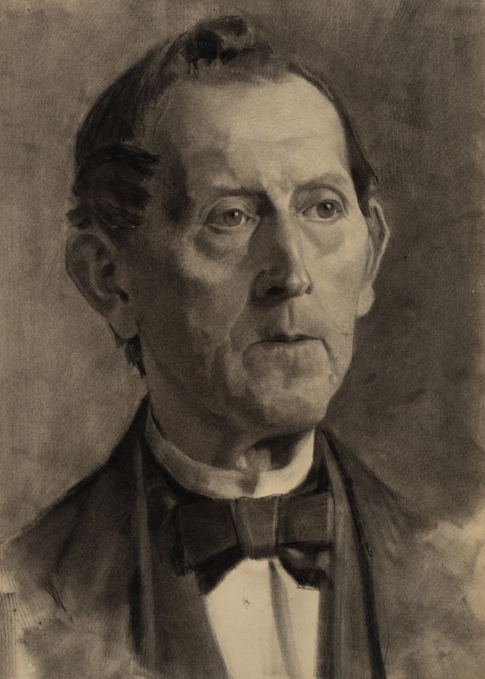 E. GEBHARDT (1838-1925) Circle, Portrait of a gentleman wearing a bow tie, around 1880, Charcoal: Eduard von Gebhardt (1838 St. John - 1925 Düsseldorf) Circle: Portrait of a Gentleman with Bow Tie and Attentive Gaze, c. 1880, Charcoal Technique: Charcoal on Paper Date: c. 1880 Description: Hi