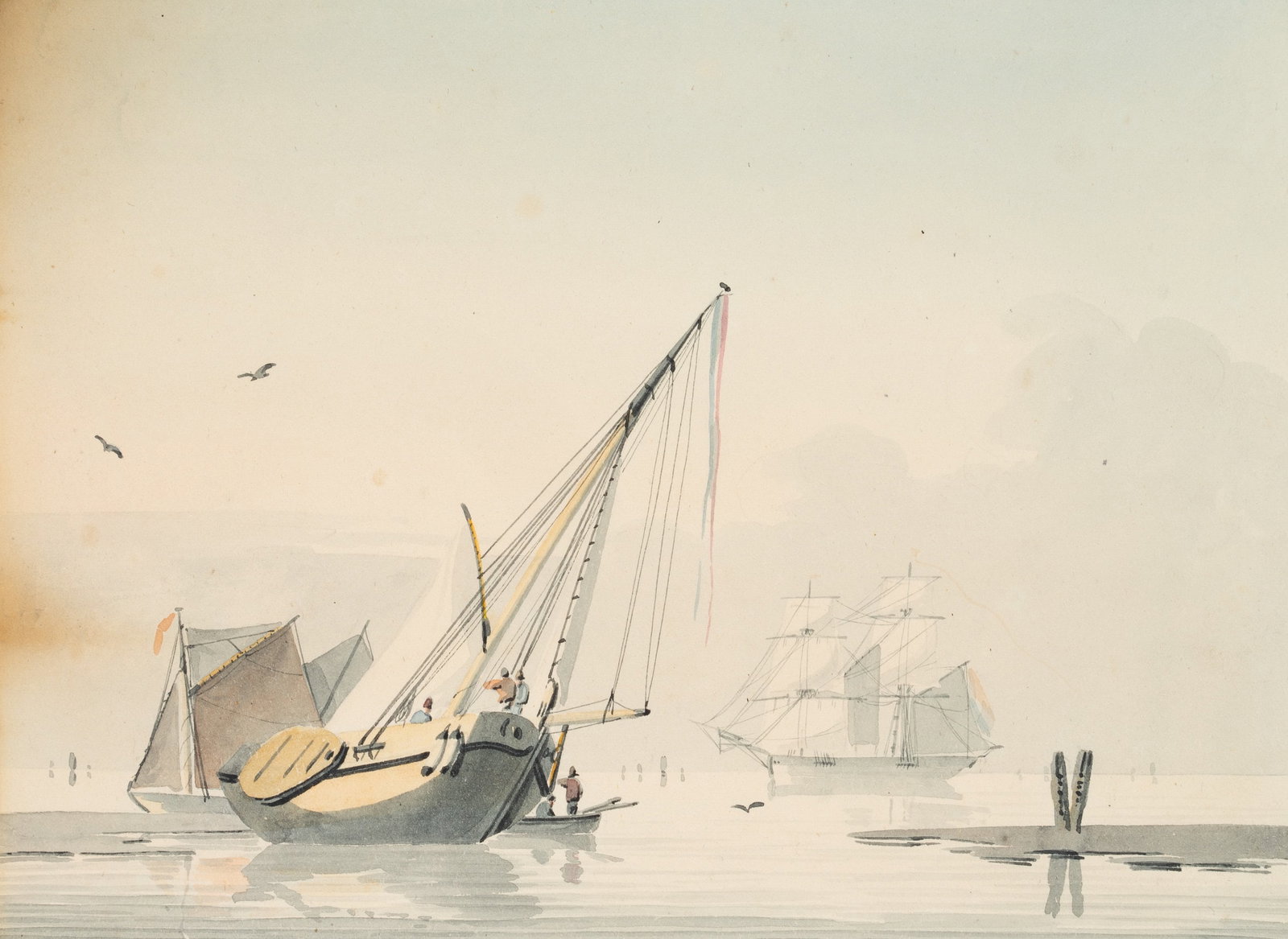 J. HACCOU (1798-1839), Seascape with a two-masted ship, Watercolor (1 of 5)