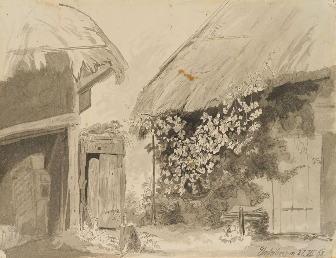 J. HEILMAIR (1843-1923), Stables and sheds in Unterbergen, 1868, Brush drawing (1 of 6)