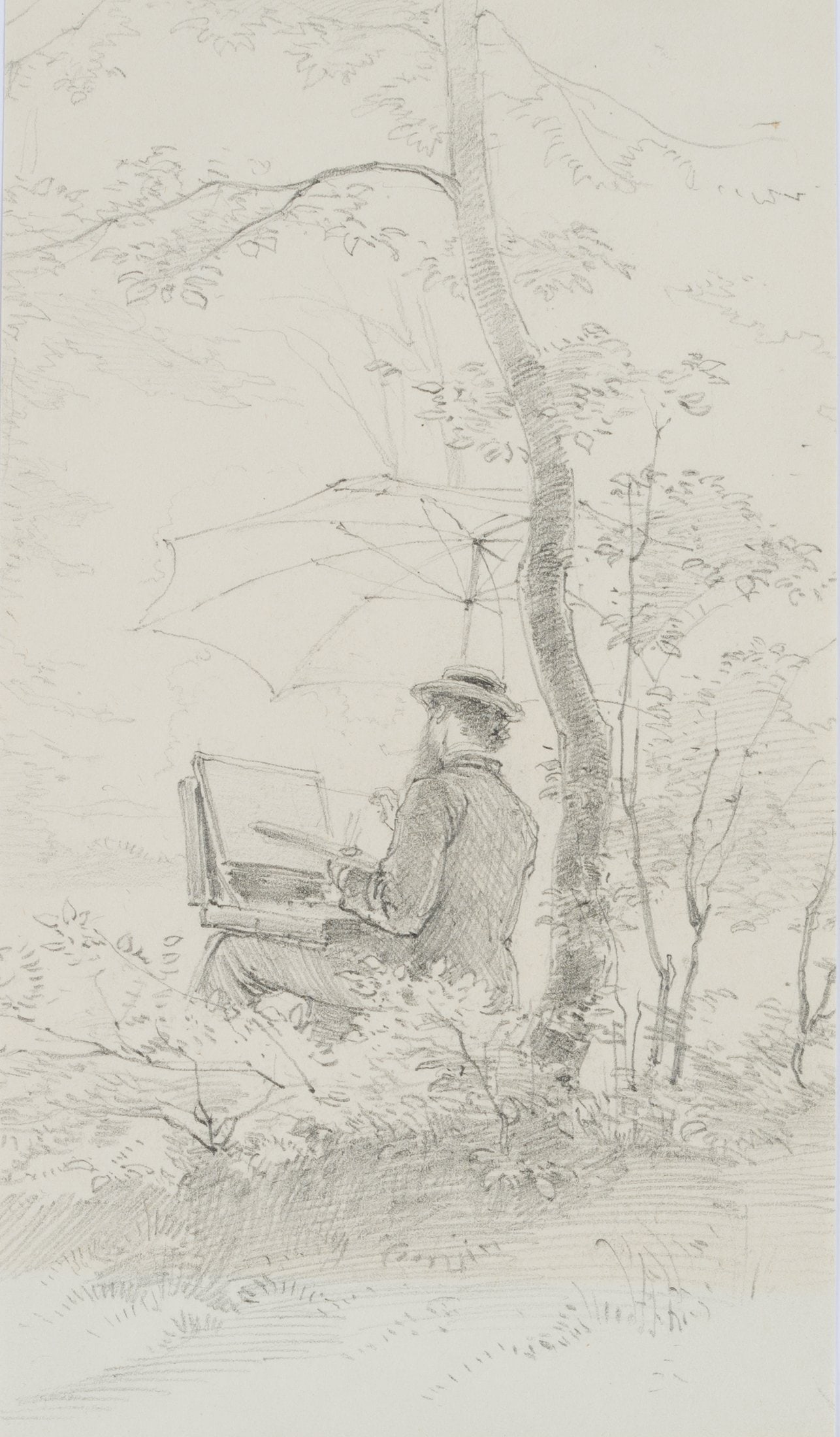 A. HENDSCHEL (*1834), Artists in the Forest, Pencil: Albert Louis Ulrich Hendschel (1834 Frankfurt on the Main - 1883 ibid.): Artist in the forest (probably Johann Heinrich Hasselhorst), 19th century, Pencil Technique: Pencil on Paper Date: 19th century