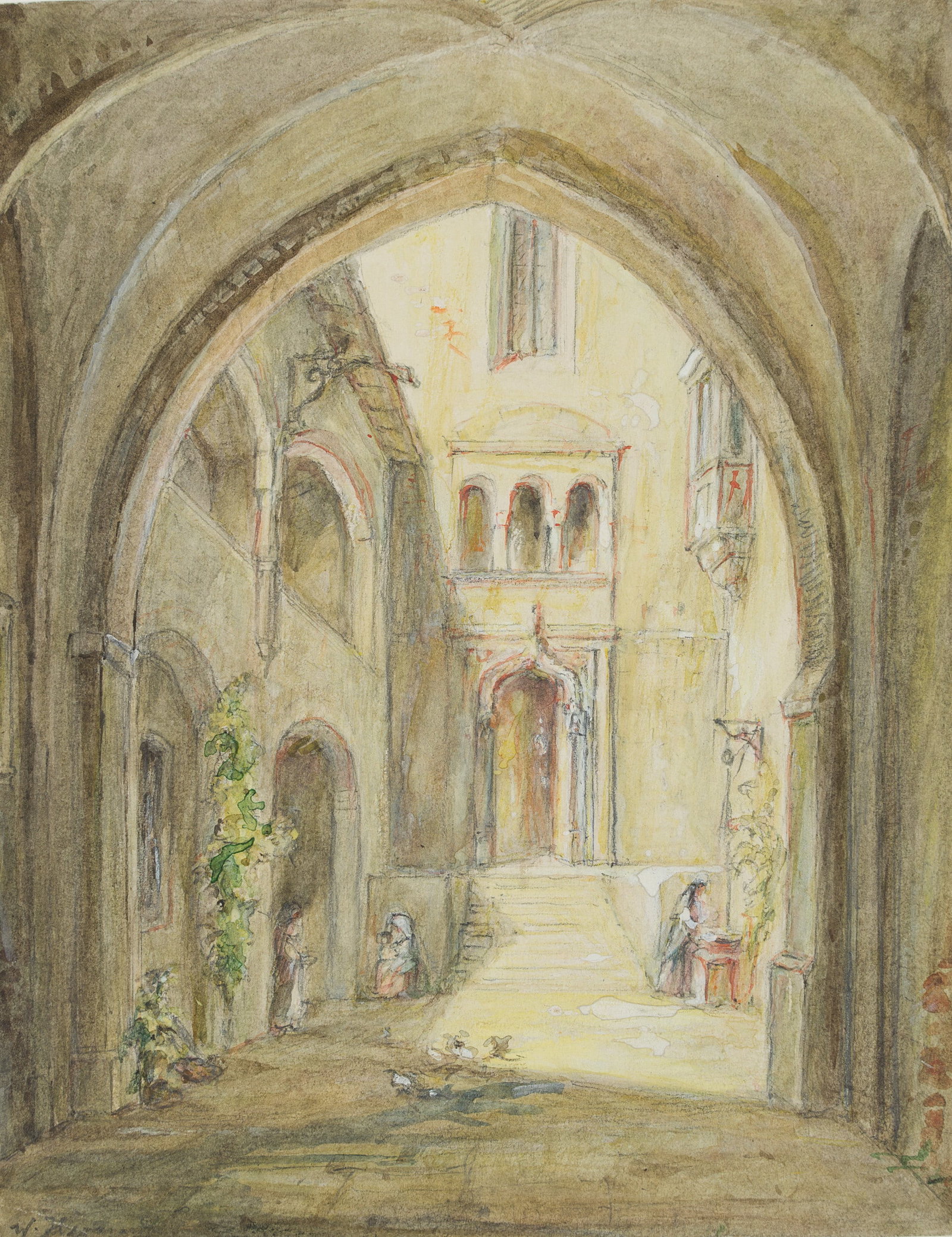 W. HERMANN (1807-1878), A scene in a castle courtyard, Watercolor: Woldemar Hermann (1807 Dresden - 1878 ibid.): A scene in a castle courtyard, 19th century, Watercolor Technique: White heightened Watercolor on Paper, mounted on Paper Inscription: lower left signed: 