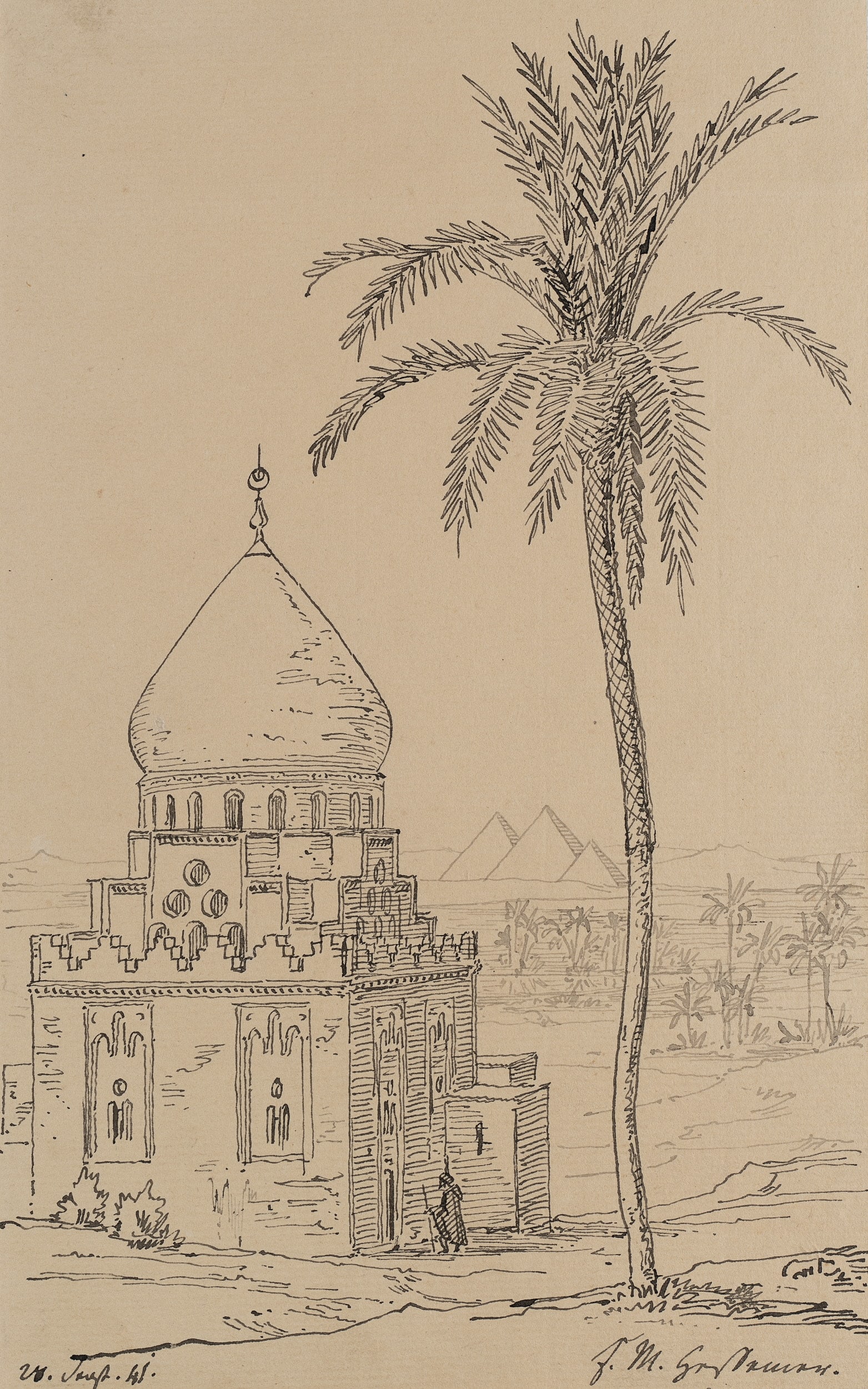 F. HESSEMER (1800-1860), Egypt, near the Giza Plateau, 1845, Pen drawing: Friedrich Maximilian Hessemer (1800 Darmstadt - 1860 Frankfurt on the Main): Mosque and palm tree in Egypt near the Giza plateau, 1845, Pen drawing Technique: Pen drawing on Paper Inscription: Lower r