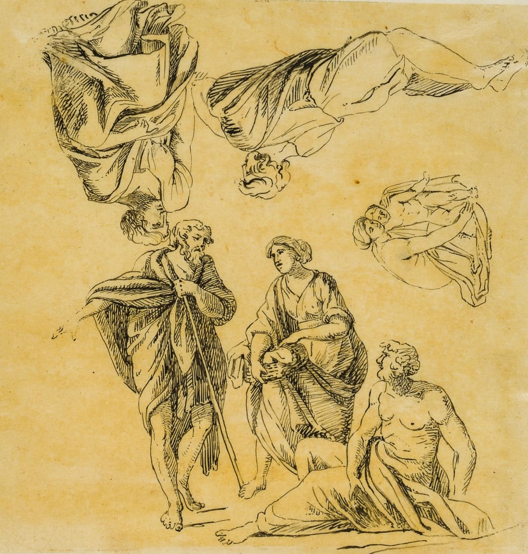 After HETSCH (*1758), Figure studies, Pen drawing: After Philipp Friedrich von Hetsch (1758 Stuttgart - 1838 ibid.): Figure study in antique costume, 19th century, Pen drawing Technique: Pen drawing and Pencil on Transparent paper, mounted on Japanese