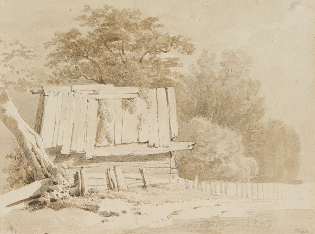 J. HÖGER (1801-1877), An old wooden shed at the edge of the woods, Indian ink: Joseph Höger (1801 Vienna - 1877 ibid.): An old wooden shed at the edge of the woods, 19th century, Indian ink Technique: Indian ink and Pencil on Paper Stamp: Collector's stamp, Georg und Dr. F.