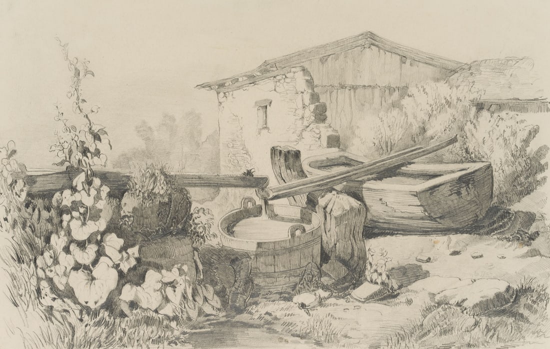 F. HOHE (1802-1870), The cattle trough, Pencil: Friedrich Hohe (1802 Bayreuth - 1870 Munich): The cattle trough, 19th century, Pencil Technique: Pencil on Paper Stamp: Collector's stamp, Georg und Dr. F. Wilhelm Denzel. Munich. 20th century, 19th c