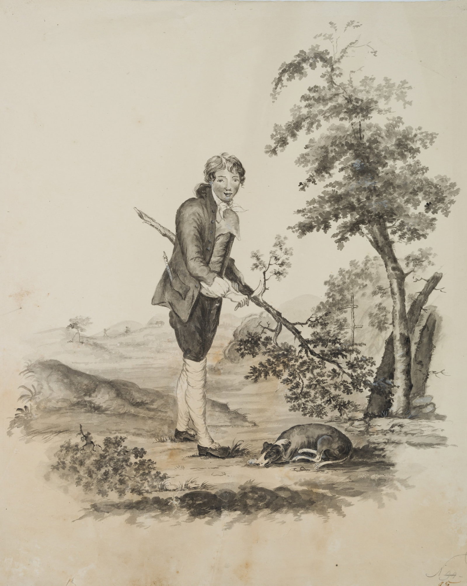 K. HOOG (19th), A young nobleman in the landscape with a dog, around 1840, Brush drawing (1 of 4)