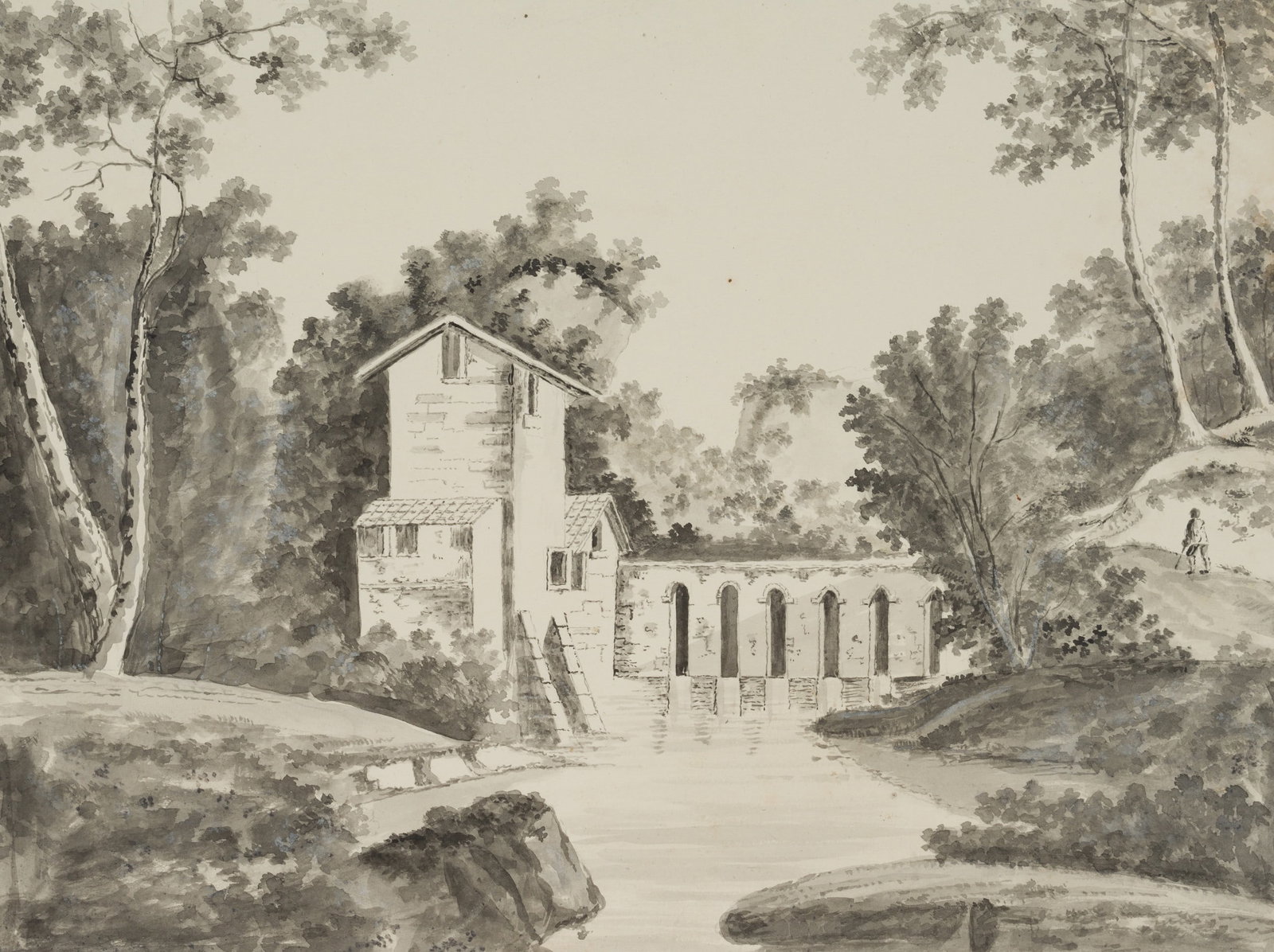 K. HOOG (19th), A stretch of woodland with an old lock bridge by the river, 1846, Brush drawing: Klaas Hoog (19th century): View of an old lock bridge on the river in a wooded landscape with a traveller on a country road as a staffage figure, 1846, Brush drawing Technique: Brush drawing on Paper 