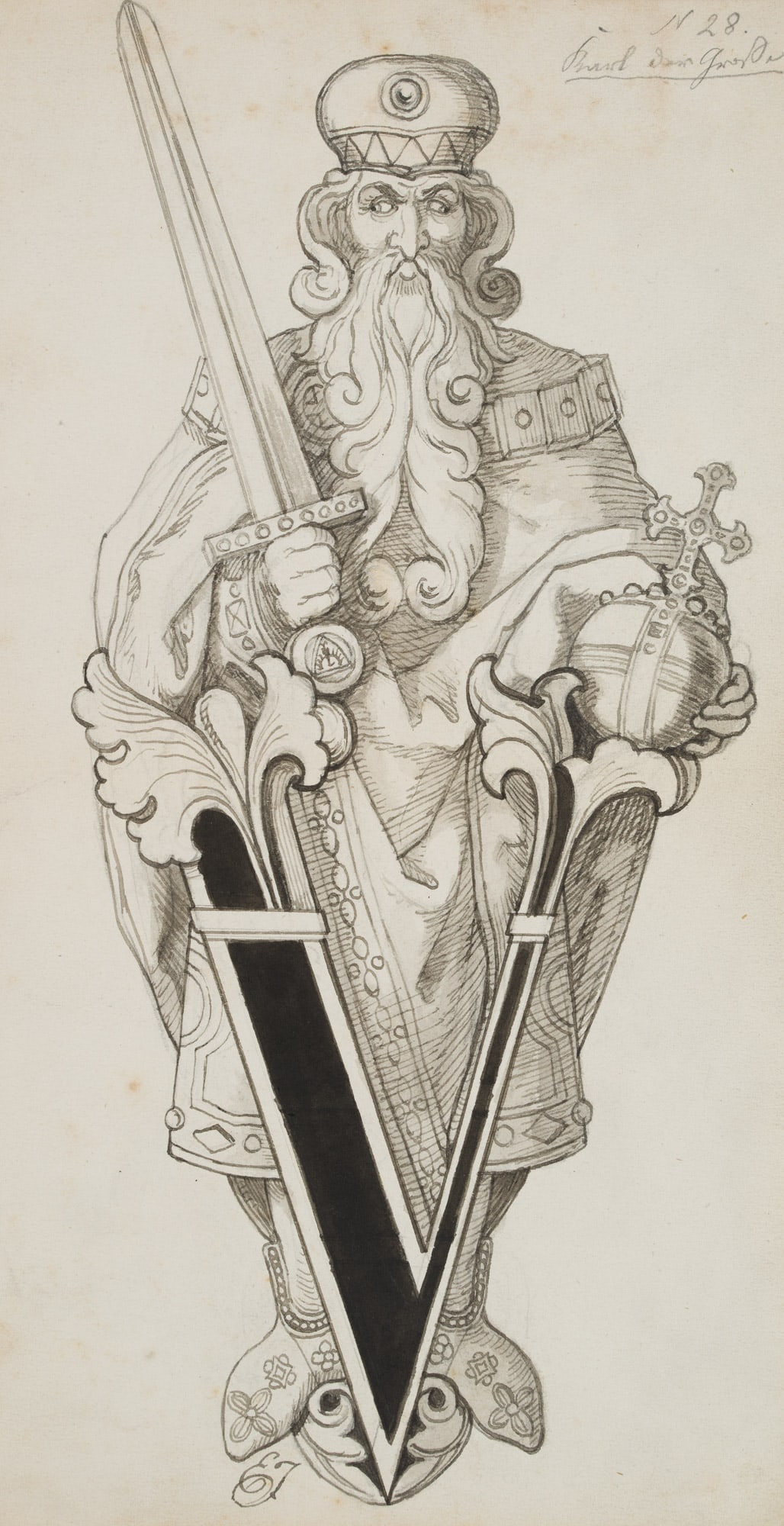 E. ILLE (1823-1900), Charlemagne, Pen drawing: Eduard Valentin Joseph Karl Ille (1823 Munich - 1900 ibid.): Charlemagne, 19th century, Pen drawing Technique: Washed Pen drawing over Pencil on Paper, on Inscription: Monogrammed "EJ" below the depic
