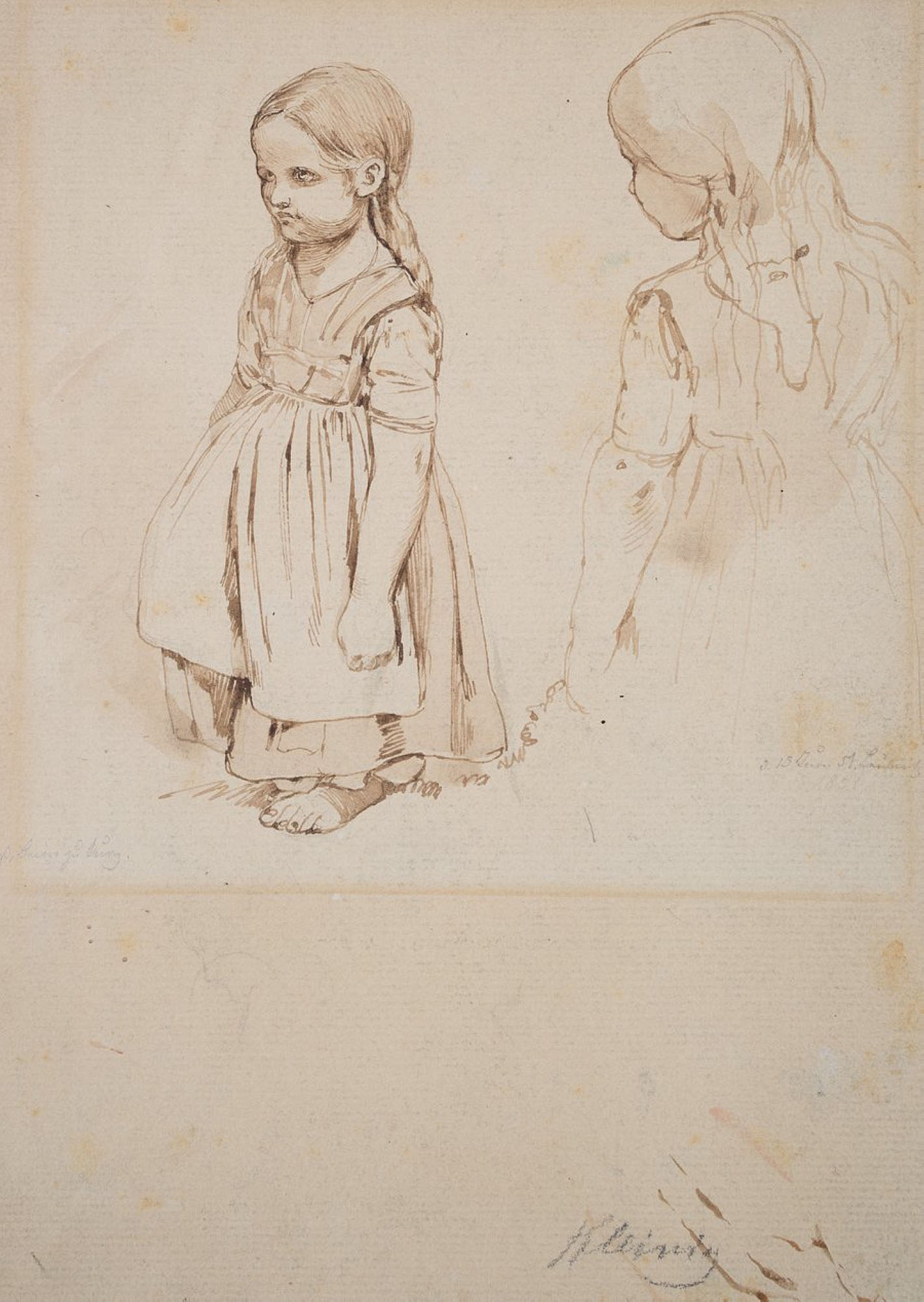 A. KLEINIG (1822-1869), A girl with short legs, 1851, Pen drawing: August Kleinig (1822 Dresden - 1869 ibid.): A girl with short legs, 1851, Pen drawing Technique: Pen drawing on Paper Inscription: Dated at centre right: "den 13. Juni 51", inscribed at bottom: "Klein