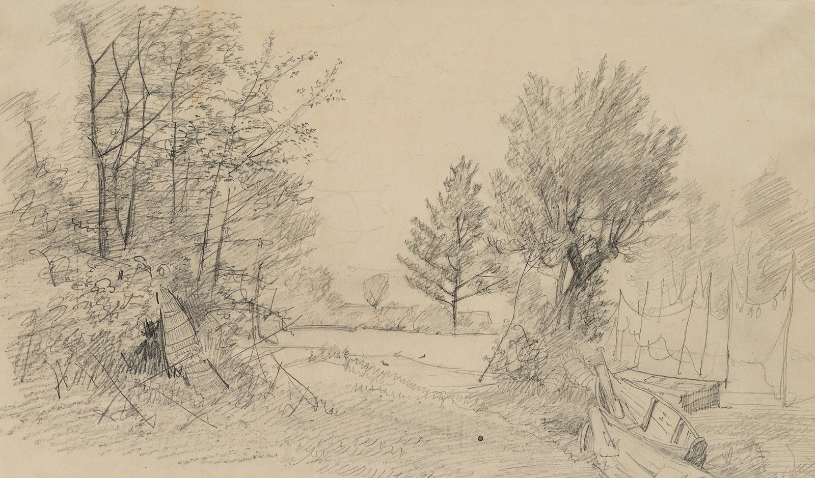 C. KRÜGER (1812-1880), Fishing village by the river, Pencil (1 of 4)