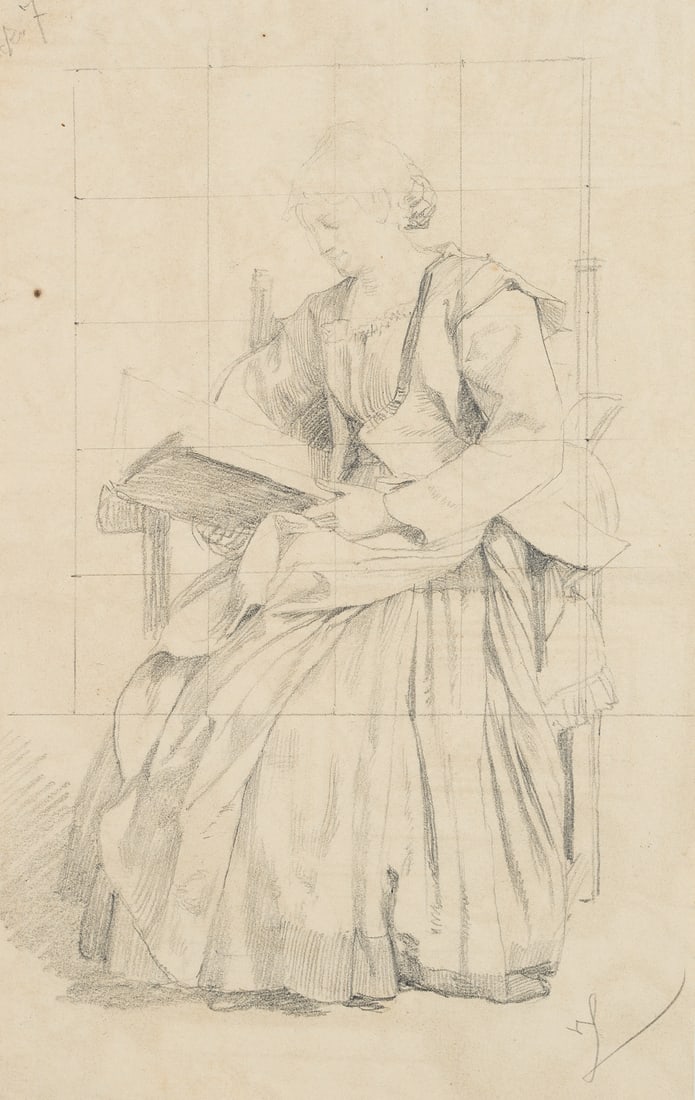 W. LINDENSCHMIT (*1829), A lady reading, Pencil: Wilhelm von Lindenschmit (1829 Munich - 1895 ibid.): Reading lady Design with drawing grid, 19th century, Pencil Technique: Pencil on Paper Inscription: Lower right monogrammed (ligated): "WL". Date: 