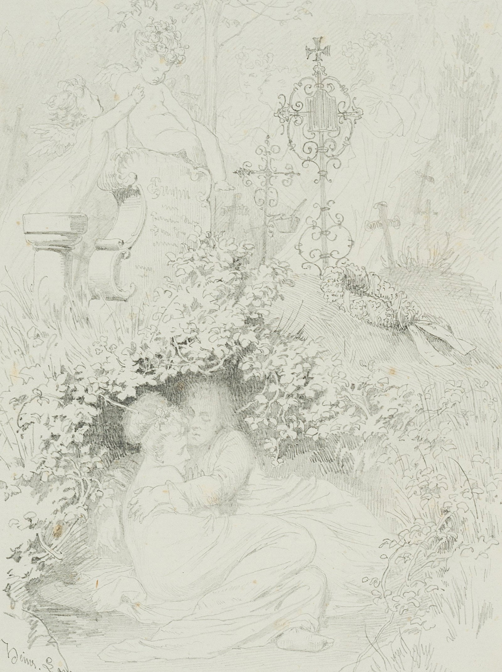 H. LOSSOW (1843-1897), Lovers in the burial mound, 1871, Pencil (1 of 8)