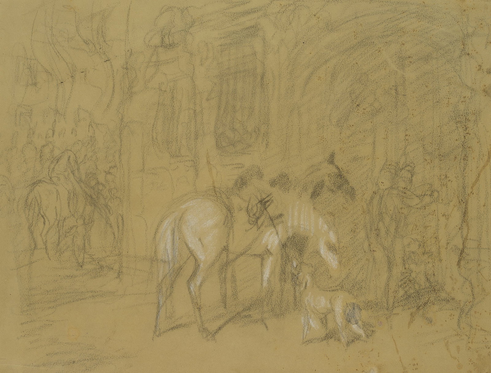 F. LOSSOW (1837-1872), Horses waiting outside the town hall, Charcoal (1 of 8)