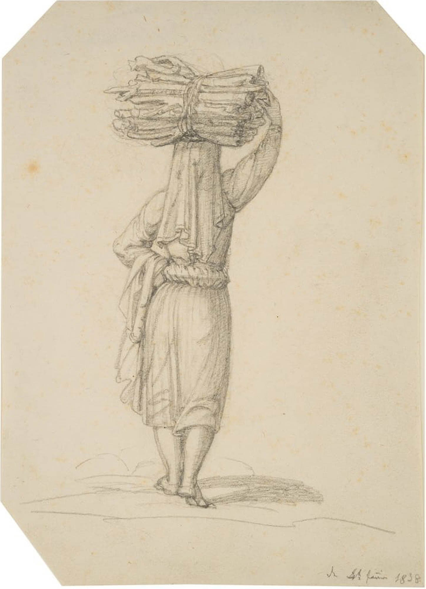 C. LOTSCH (1790-1873), Woman carrying a bundle of wood, 1838, Pencil: Christian Lotsch (1790 Karlsruhe - 1873 Rom): Back view of a woman carrying a bundle on her head, 1838, Pencil Technique: Pencil on Paper Inscription: Verso inscribed by another person: "[..]eichnung 