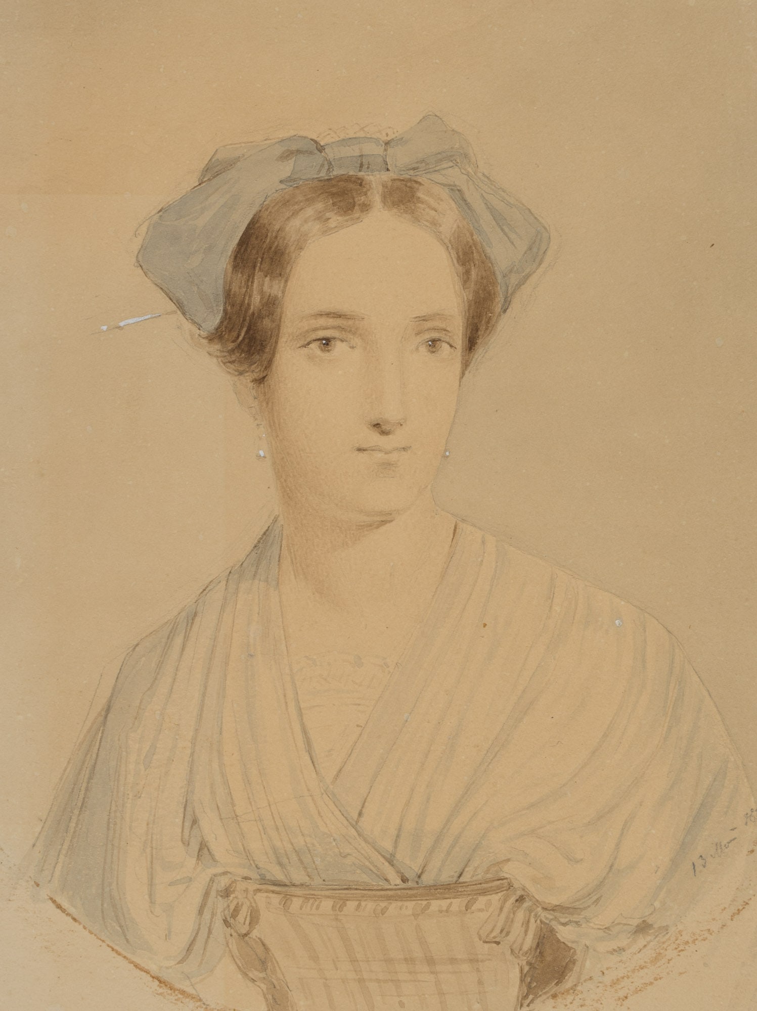 A. LUCAS (1803-1863) attributed, A bust portrait of a young lady, Watercolor: August Lucas (1803 Darmstadt - 1863 ibid.) attributed: A bust portrait of a young lady, 19th century, Watercolor Technique: Watercolor on Cardboard Inscription: Unrecognisable inscription in pencil lo