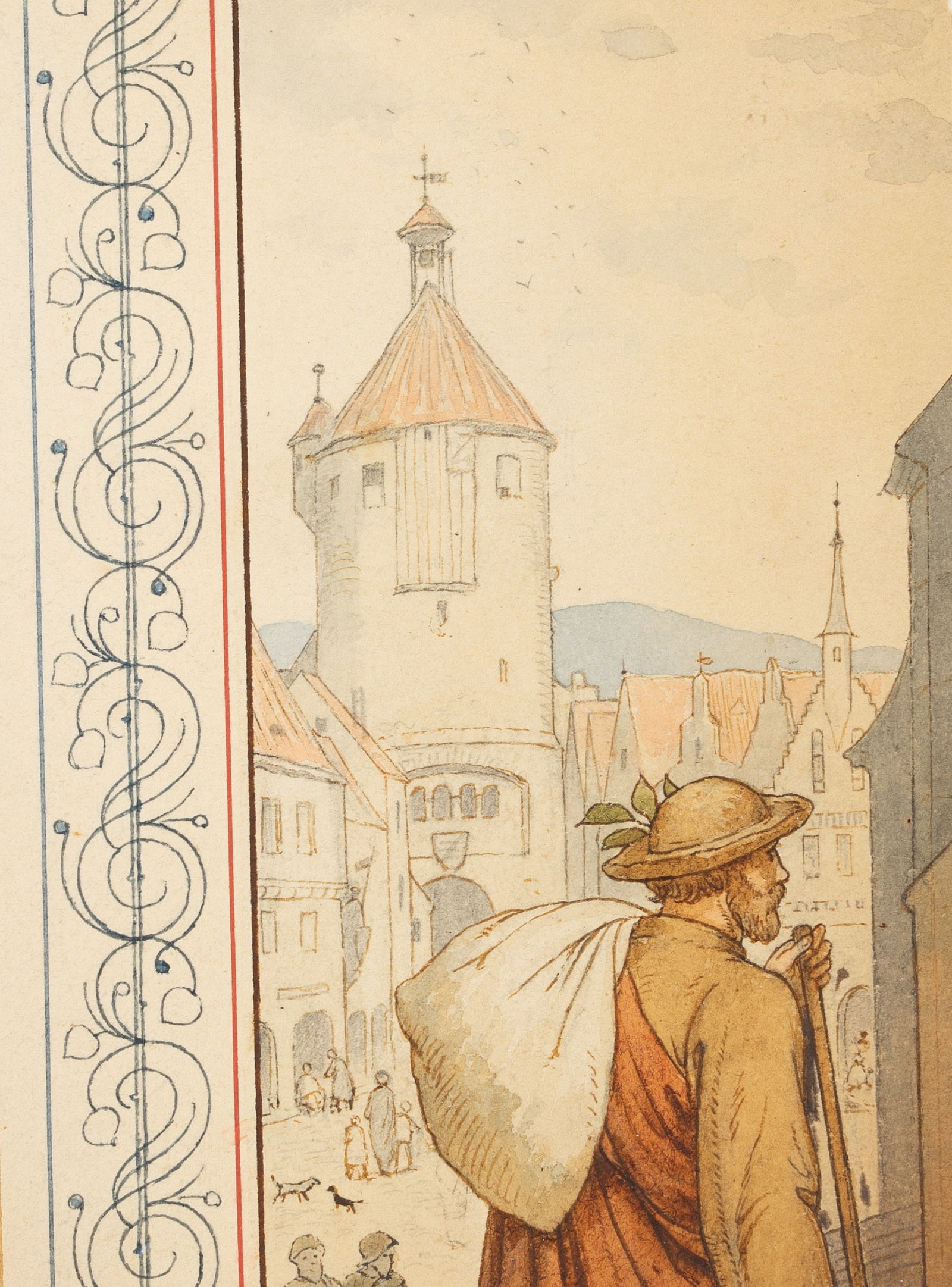 V. MOHN (1842-1911), A town with a walker, Watercolor: Viktor Paul Mohn (1842 Meissen - 1911 Berlin): City with traveller Detail with southern German city, 19th century, Watercolor Technique: Watercolor over Pen drawing on Paper Stamp: Verso Collector's s