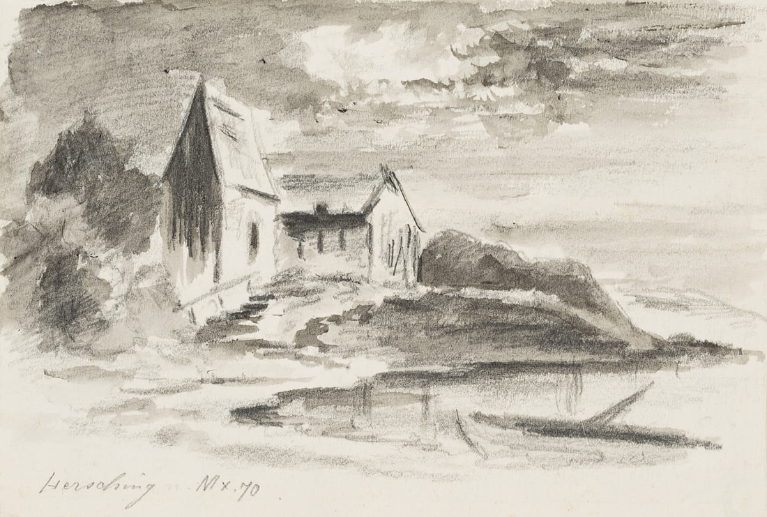 C. MORGENSTERN (*1847), Herrsching on Lake Ammersee, 1870, Brush drawing (1 of 4)